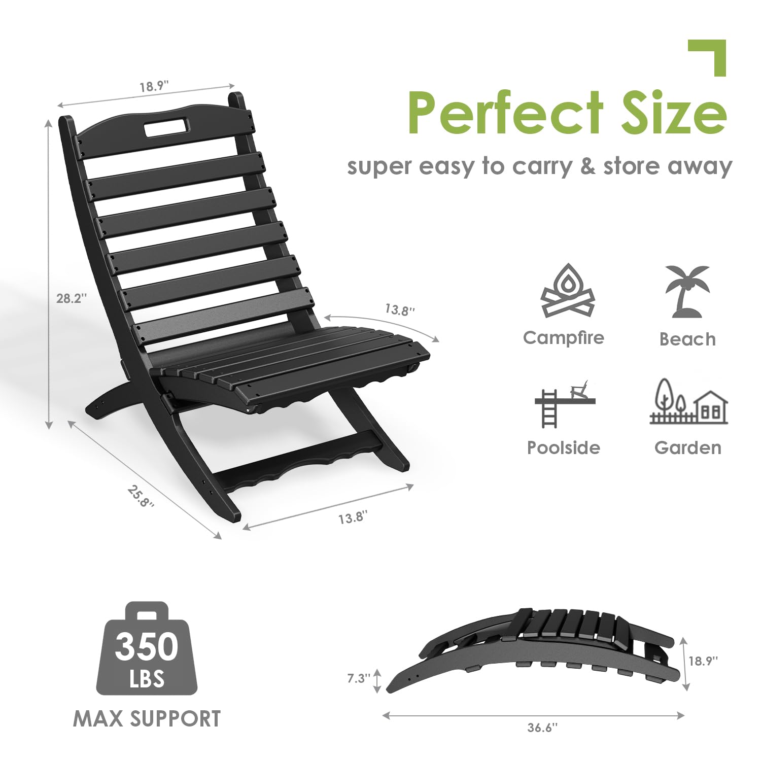 Folding Xavier Chair | Wave Design | Portable Adirondack Chair | HDPE Plastic All-Weather Outdoor Furniture | Fire Pit, Beach, Deck, Poolside, Garden, Patio, Porch & Fishing Chair | Black - Perfect for Backyard Relaxation, Camping Trips & Coastal Getaways