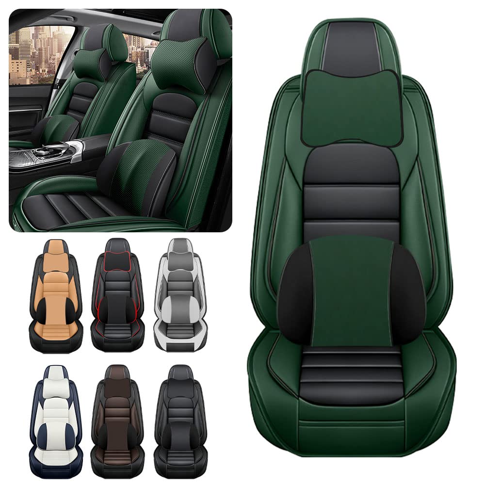 Premium Waterproof PU Leather Car Seat Covers for 2023 Ford Maverick - Soft Breathable Seat Protectors with Storage Pockets (Black & Green, Full Set Includes Neck Pillow) - Perfect for Road Trips, Daily Commutes & Off-Road Adventures