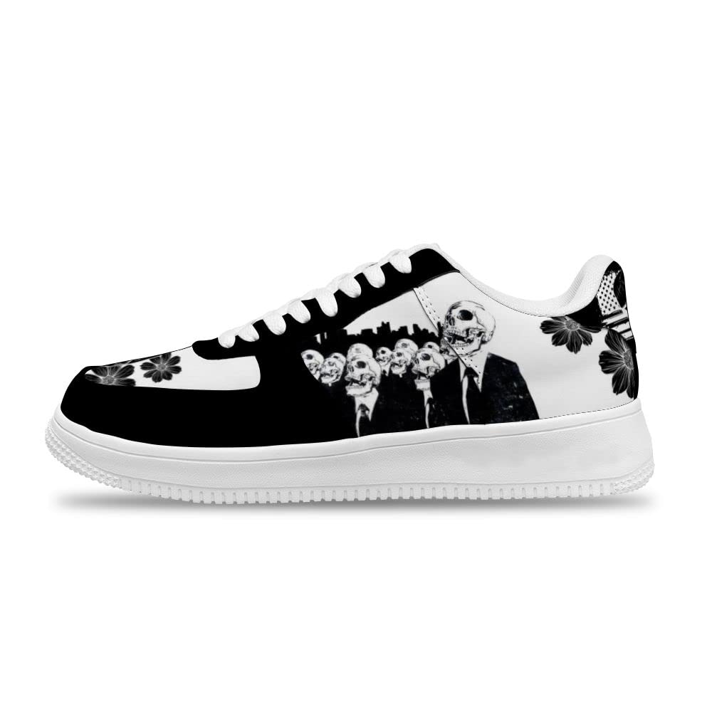 Custom Black & White Skull Floral Air Force Sneakers for Men & Women - Fashionable Sports Shoes with Cool Animation Design - Perfect for Casual Wear, Street Style & Sneaker Collectors