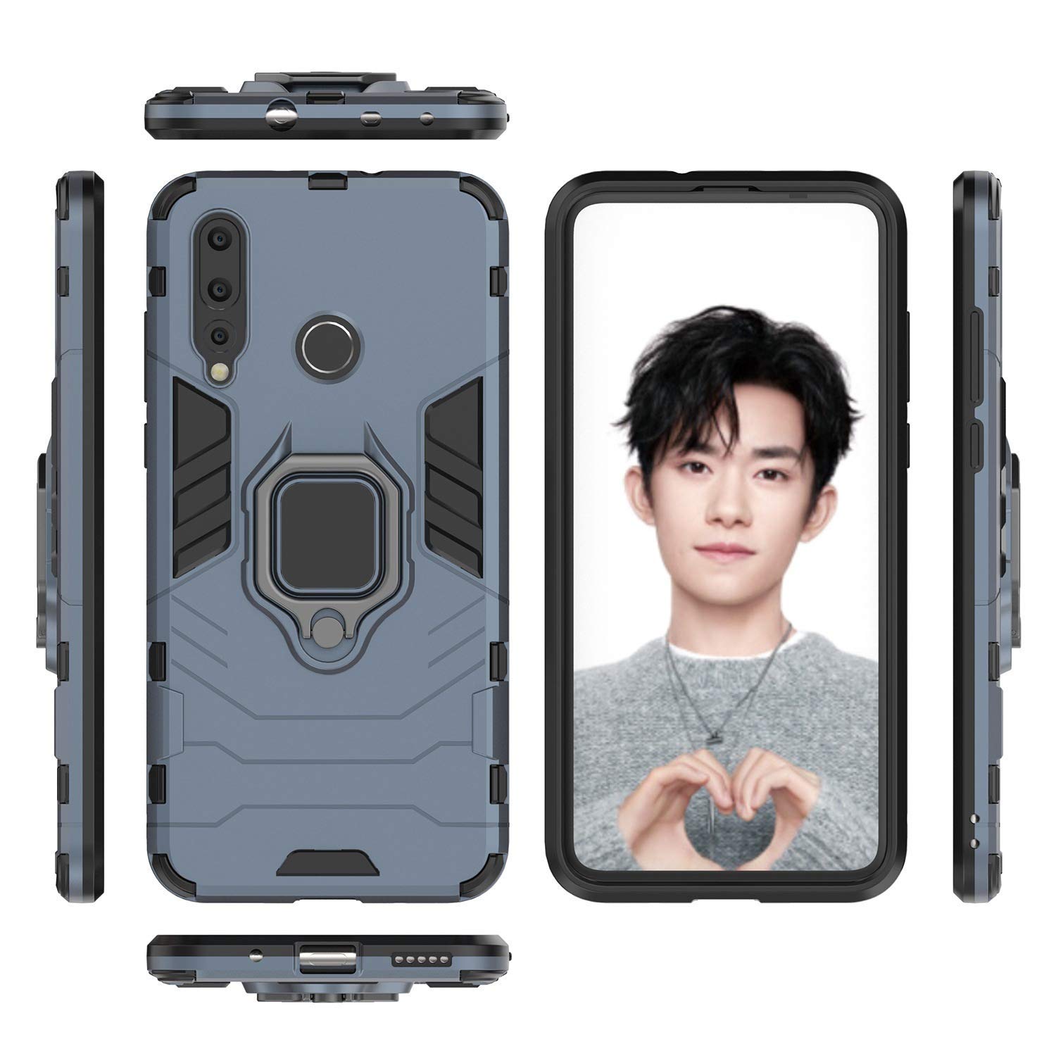 LuluMain Huawei Nova 4 Case with Metal Ring & Kickstand - Shockproof Hard Bumper Cover for Huawei Nova4 - Compatible with Magnetic Car Mount - Navy Blue Rugged Dual Layer Protection - Perfect for Daily Use, Travel & Work
