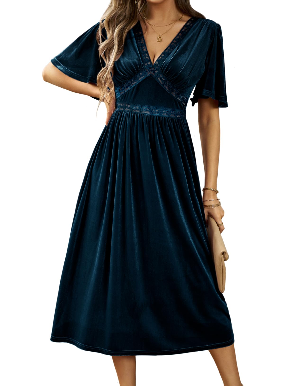 Zilcremo Women's Elegant Deep V-Neck Velvet Dress with Bell Sleeves & Lace Details - Flowy Midi Party Dress for Evening Events, Weddings & Holiday Celebrations