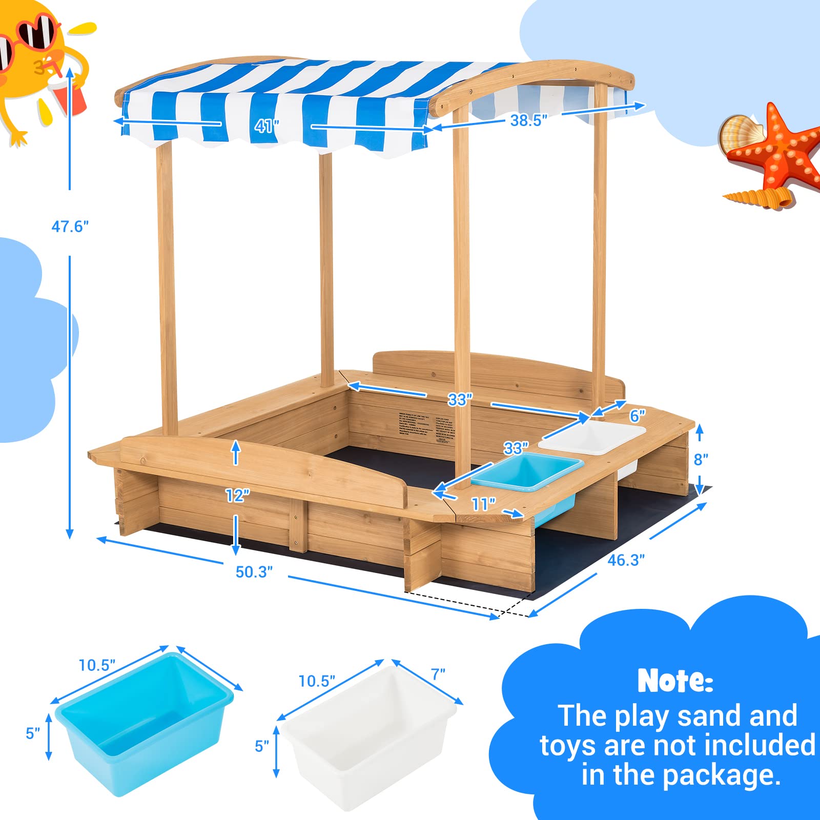 **HONEY JOY Kids Sandbox with Canopy - Outdoor Wooden Sand Pit with Liner, 2 Storage Bins & Built-in Benches - Square Backyard Sandbox for Toddlers & Children - Perfect for Playtime, Sensory Activities & Outdoor Fun**