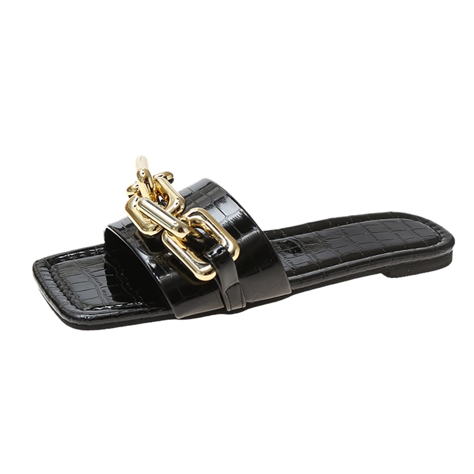 Women's Gold Sandals - Soft Sole Flat Summer Slippers with Square Toe - Fashion Casual Solid Color Outdoor Sandals for Beach, Walking & Skateboarding (Black, Size 7)