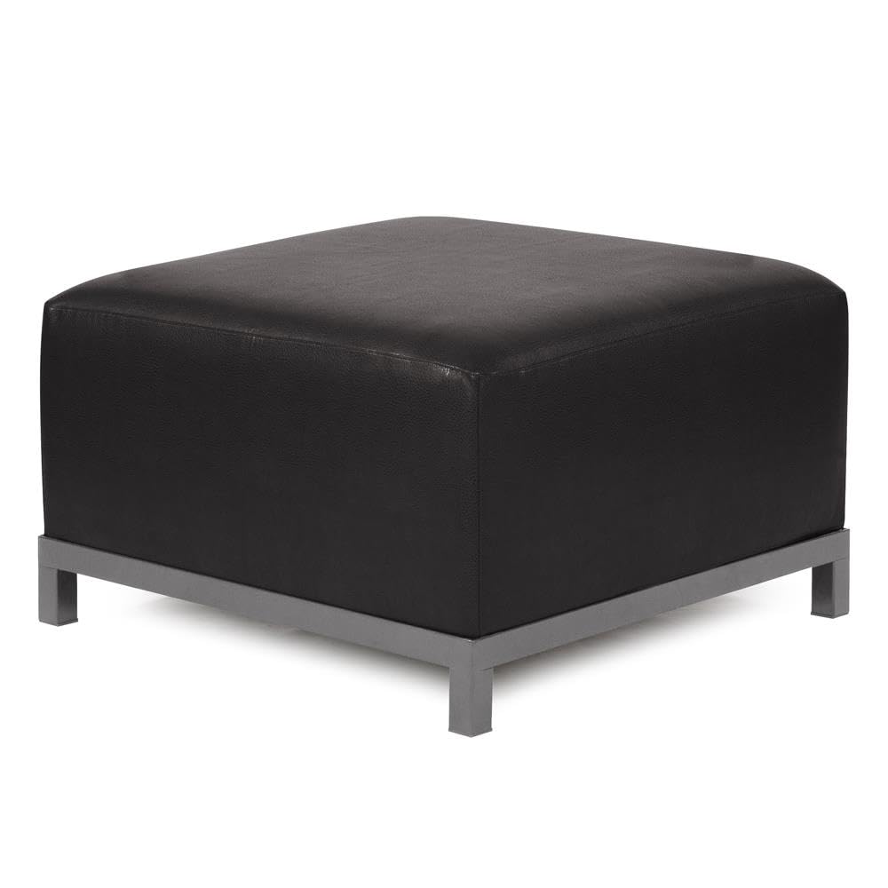 Howard Elliott Axis Patio Ottoman with Cover - Upholstered Footstool Coffee Table Ottoman Bench for Indoor & Outdoor Use - Titanium Frame in Avanti Black - Perfect for Living Room, Patio, Office, and Garden Relaxation