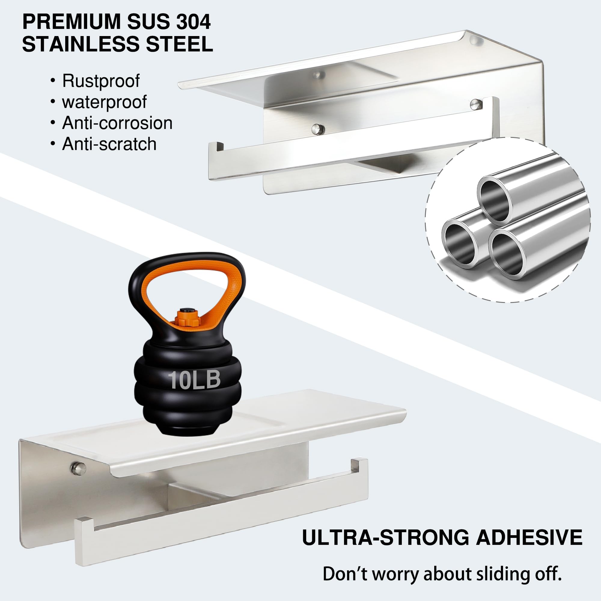 Alise Double Toilet Paper Holder - SUS304 Stainless Steel Bathroom Tissue Roll Holder with Shelf | Wall Mount or Self-Adhesive Installation | Brushed Nickel Finish | Perfect for Small Bathrooms, Powder Rooms & RVs