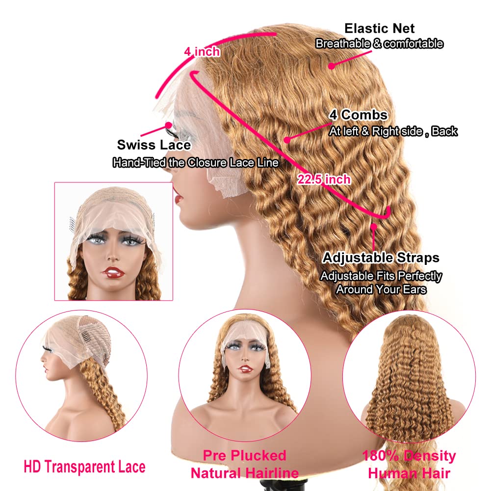 BLY Light Brown 10A Human Hair Blonde Wig - 13x4 HD Transparent Lace Front, Pre Plucked Deep Wave Curly Glueless Wigs for Women (180% Density, #27 Color, 26 Inch) - Perfect for Cosplay, Daily Wear & Special Occasions