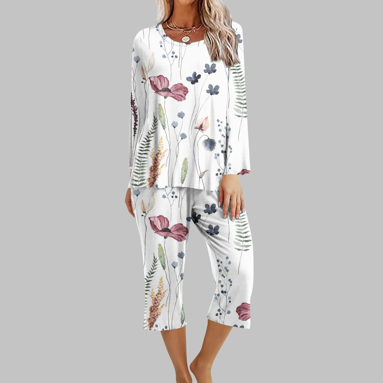 2024 Women's Summer Two Piece Sets - Long Sleeve T-Shirt & Capri Pants Printed Lounge Wear Outfits | Casual Comfort, Streetwear & Vacation Style