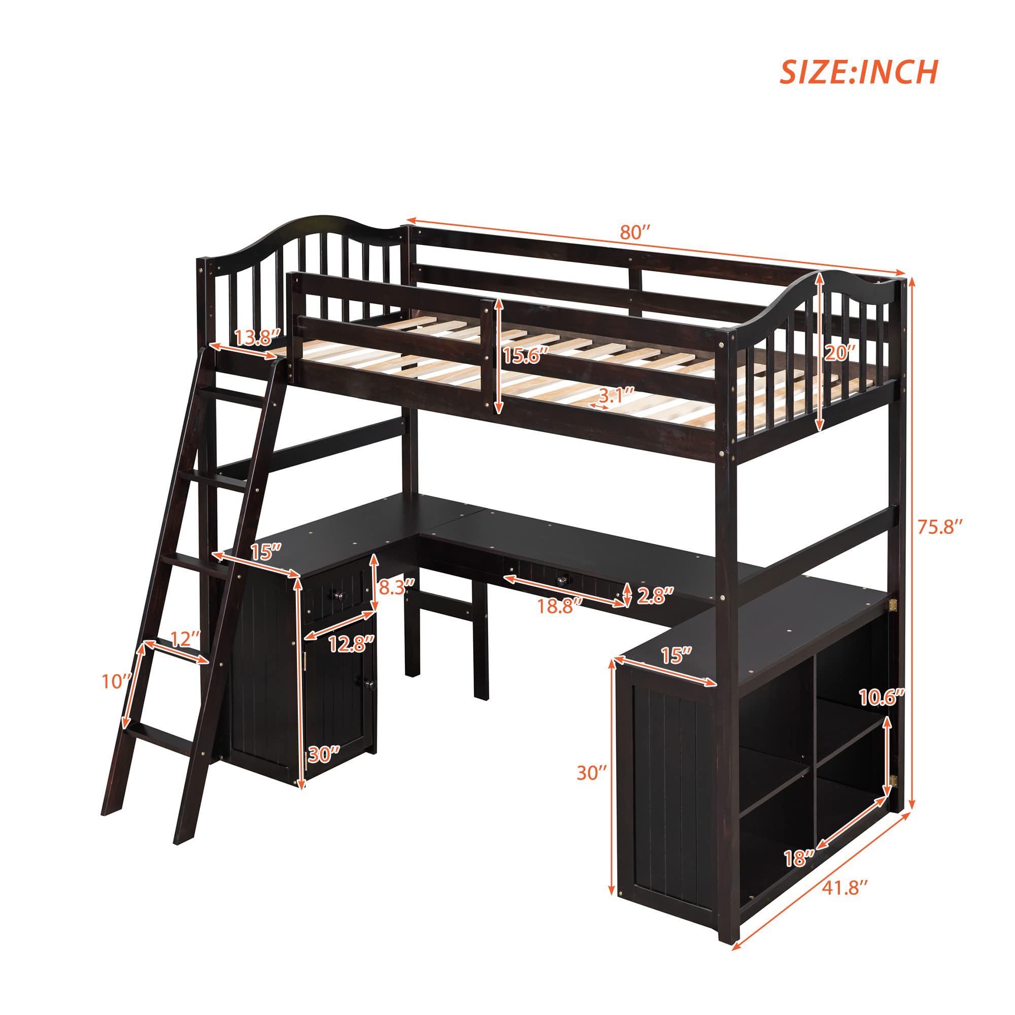 Harper & Bright Designs Wood Twin Size Loft Bed with Drawers, Cabinet, Shelves & Desk - No Box Spring Needed - Espresso Finish - Perfect for Kids & Teens Bedroom, Dorm Room or Small Space Saving Solution