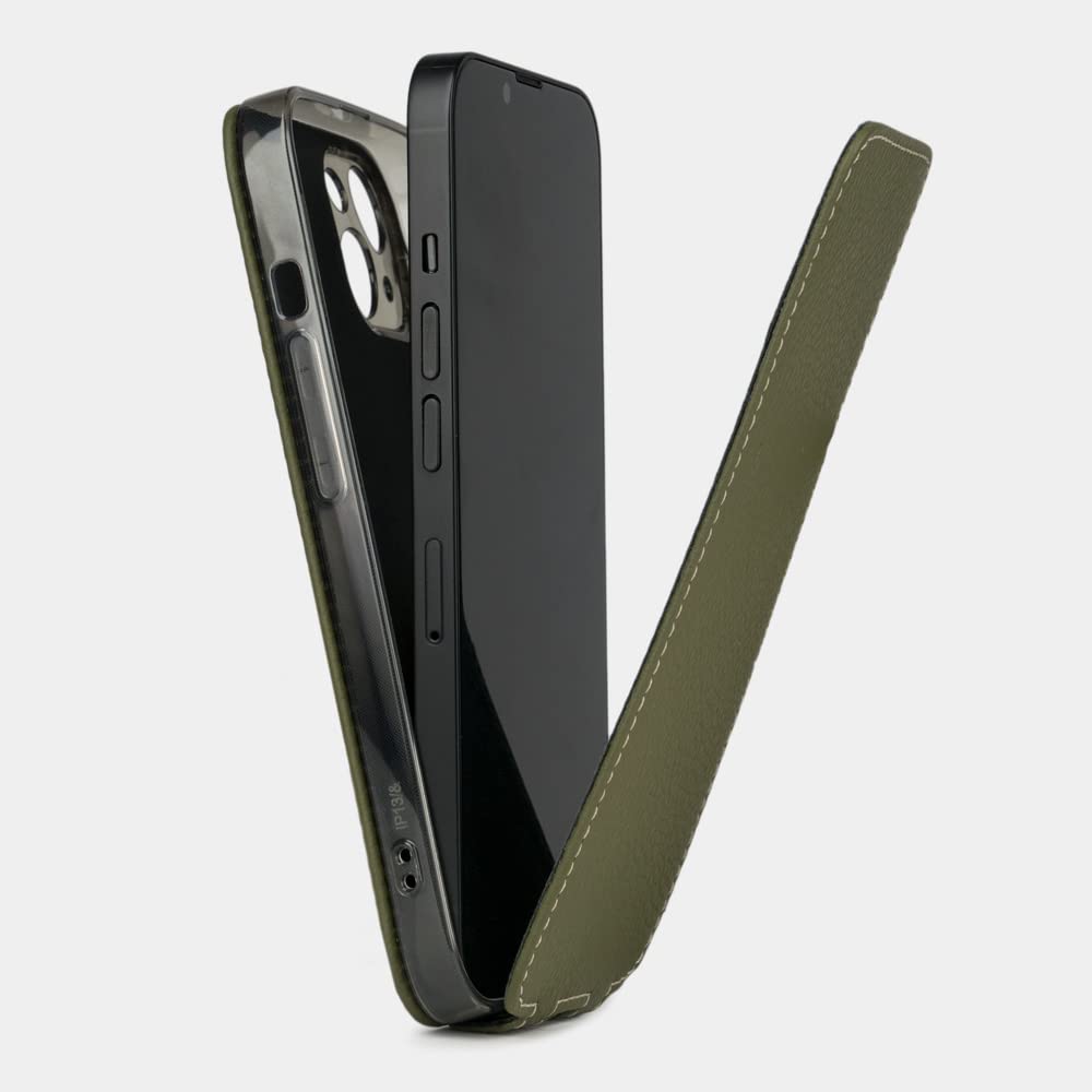 Ultra Thin Genuine Leather Flip Case for iPhone 13 Mini - Patented Design - Made in France - Premium Green Protective Cover - Perfect for Everyday Use & Business Professionals