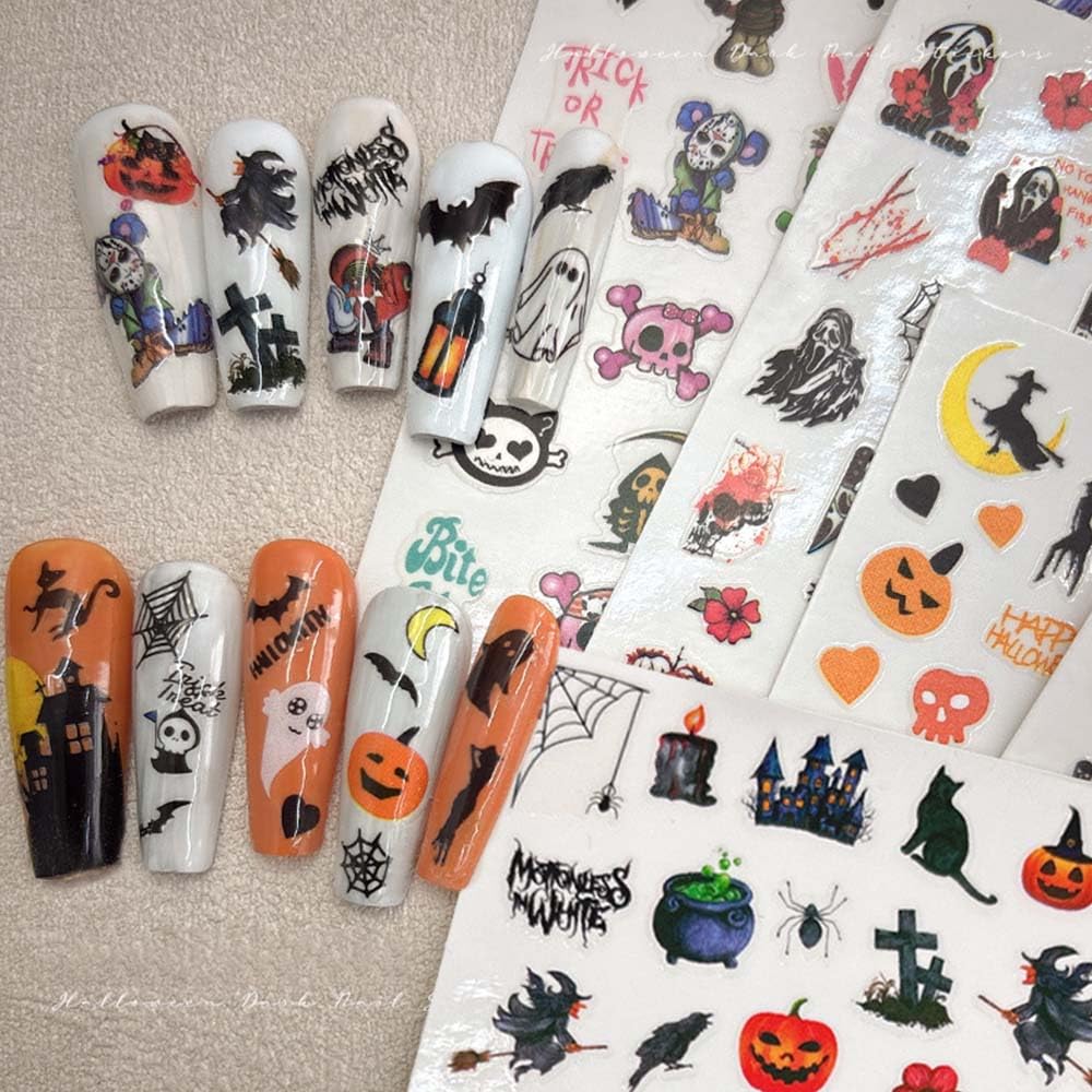 10 Sheets Halloween Nail Stickers - Ghost Pumpkin Skull Eyeball Black Cat 3D Self-Adhesive Nail Art Decals for Nail Supplies & Design | Perfect for Halloween Parties, Costume Nails & Spooky Nail Art