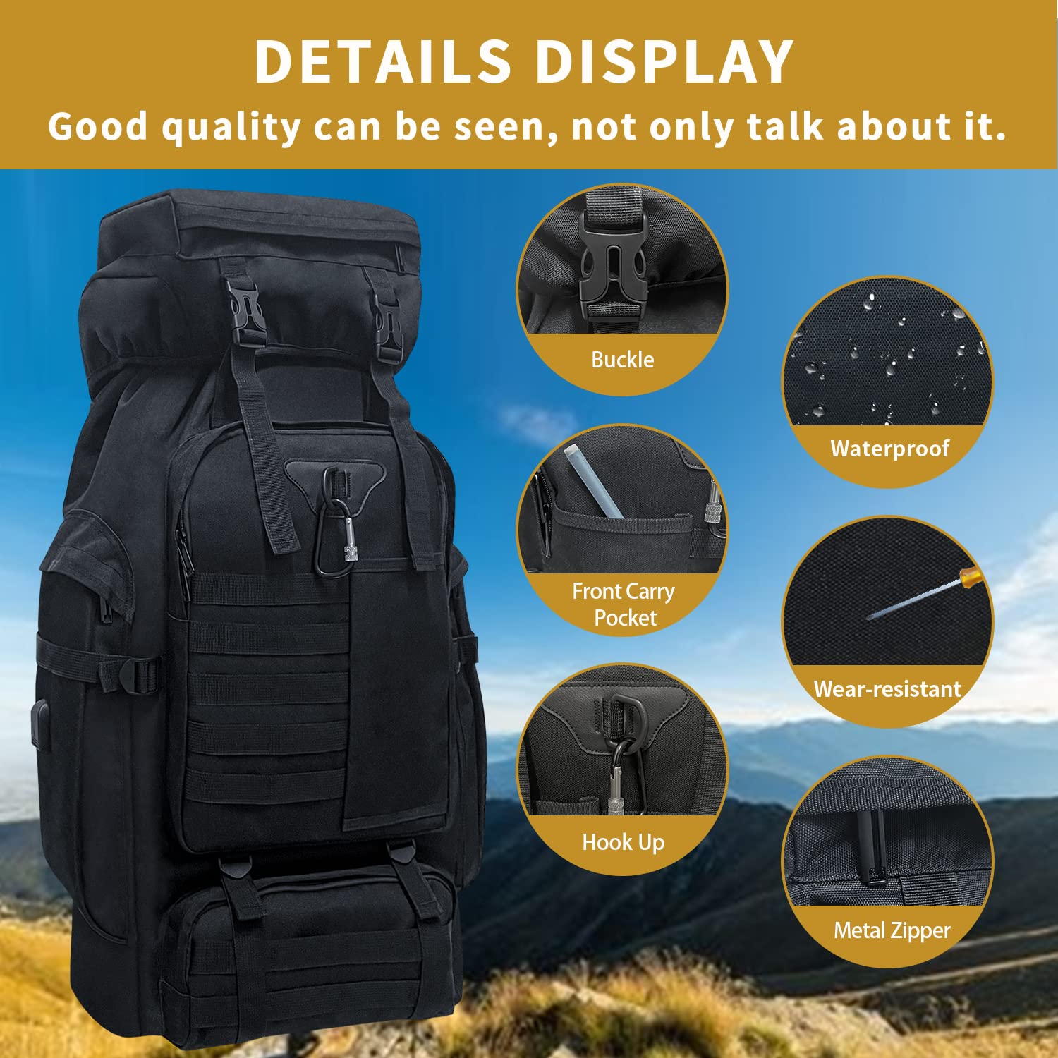 80L Waterproof Military Tactical Backpack - Large Camping Hiking Rucksack with MOLLE System & Carabiner - Durable Outdoor Daypack for Men & Women (Black) - Perfect for Camping, Hiking, Travel & Tactical Missions