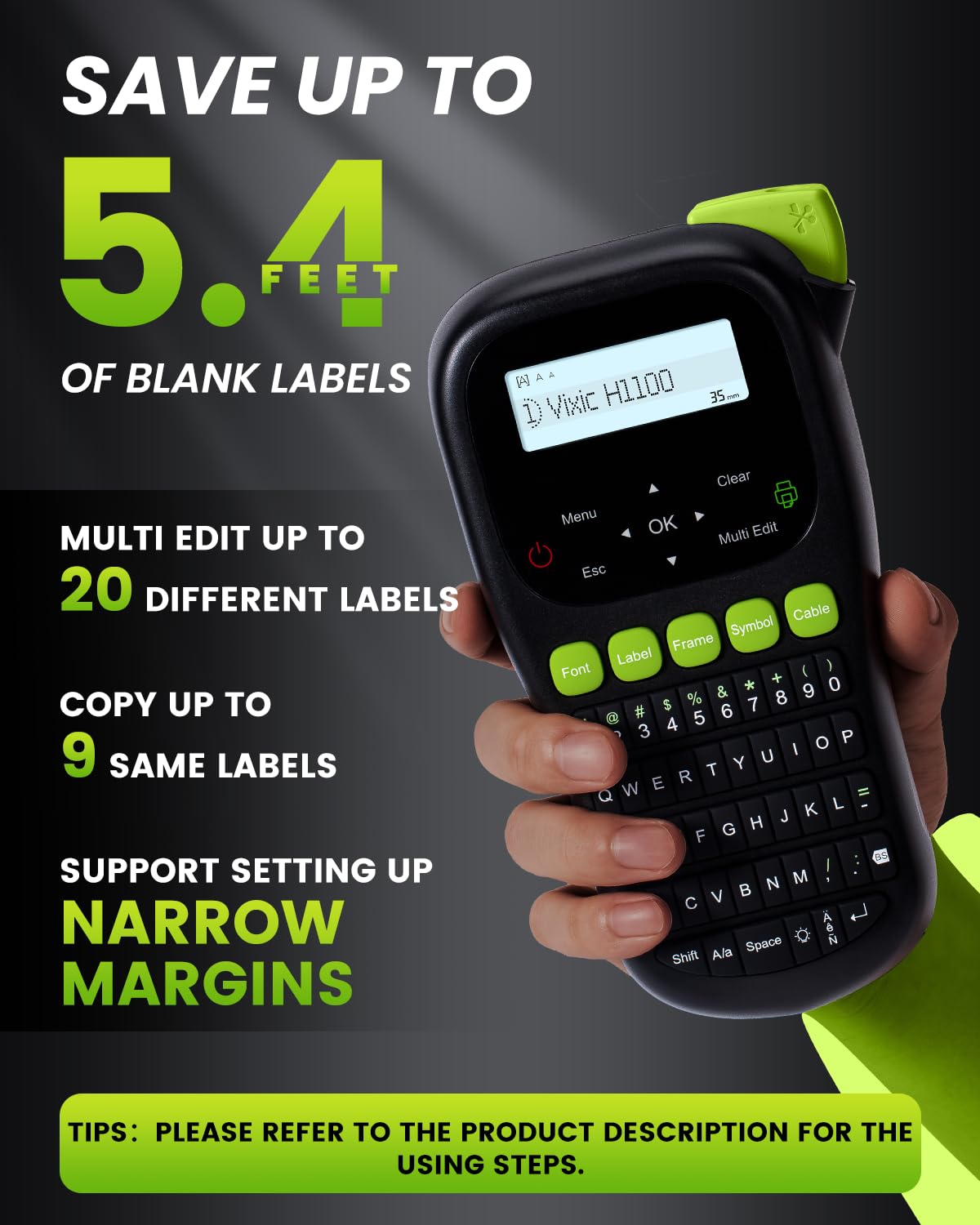 H1100 Portable Label Maker Machine with Backlit Screen & Keyboard - Waterproof Industrial Labeling Device for Cable, Wire, Network Organization - Perfect for Office, Warehouse, and Home Use