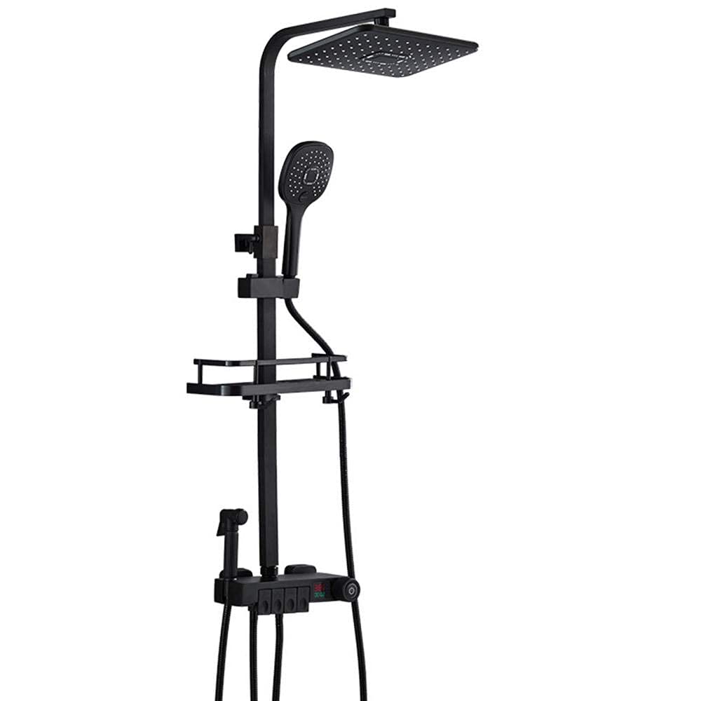 Black Thermostatic Shower Mixer Set with LED Screen Display & 10X30 cm Rain Shower Head - Chrome Bathroom Shower System with Sprayer & Shelf - Perfect for Modern Home Spa Experience