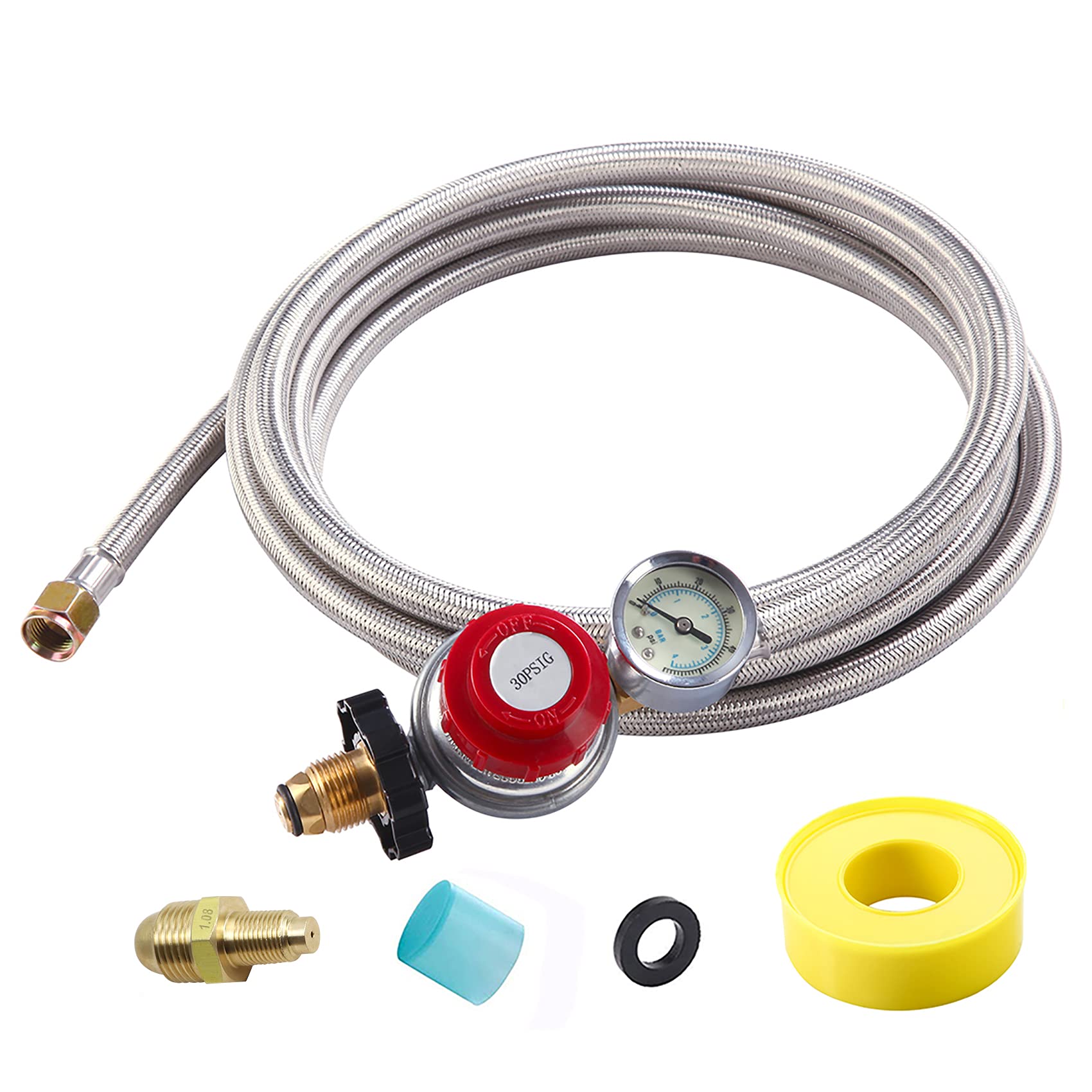 10FT High Pressure Propane Regulator with Hose - Adjustable 0-30 PSI Gas Regulator with Gauge, Stainless Steel Braided Hose for 5-100LB POL Tanks - Perfect for Fire Pits, Burners, Heaters, Fryers, Smokers & Griddles - Heavy Duty Outdoor Cooking & Heating Equipment