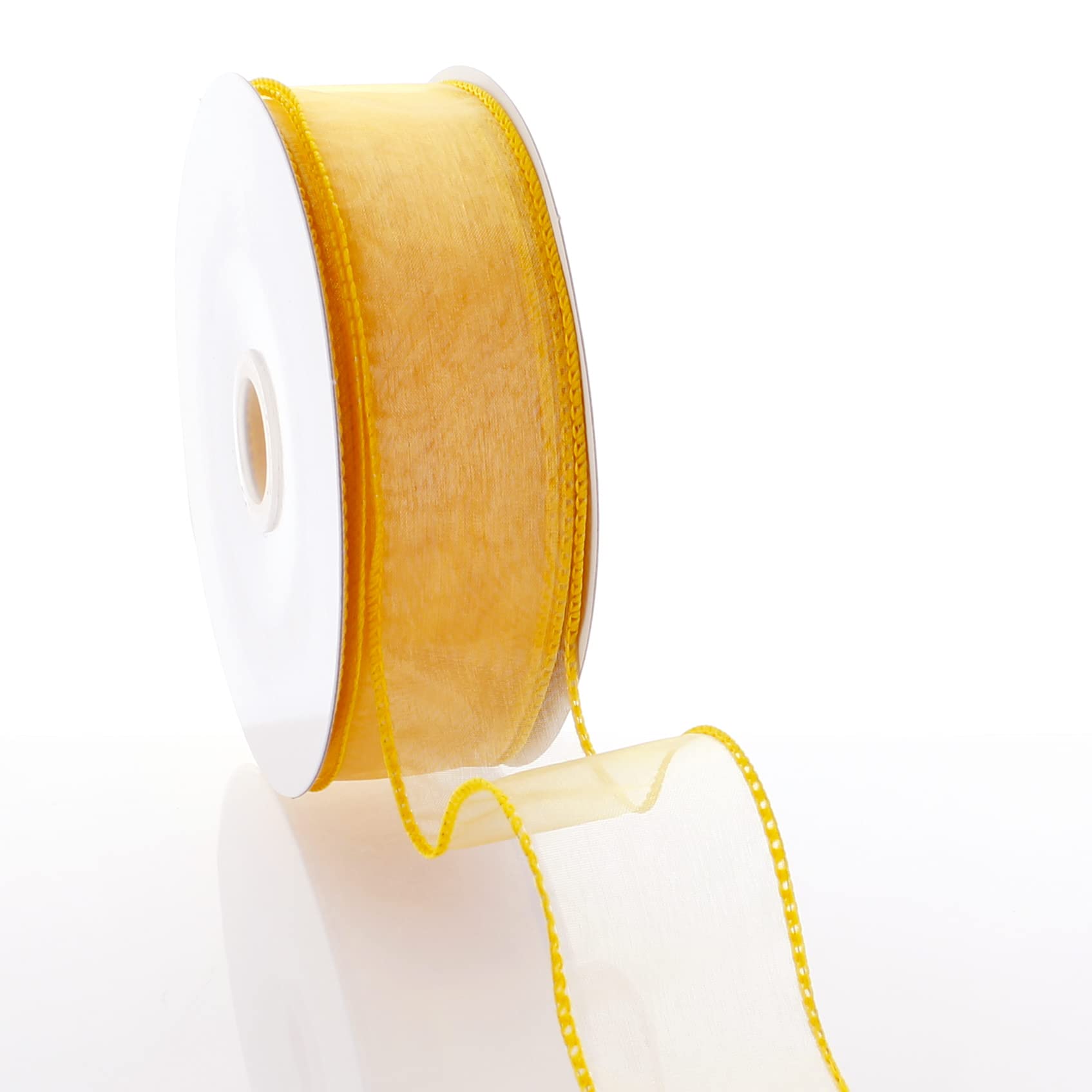 1.5 Inch Wired Sheer Organza Ribbon - Yellow Gold Decorative Ribbon (10 Yards) for Gift Wrapping, Wedding Decorations & Craft Projects