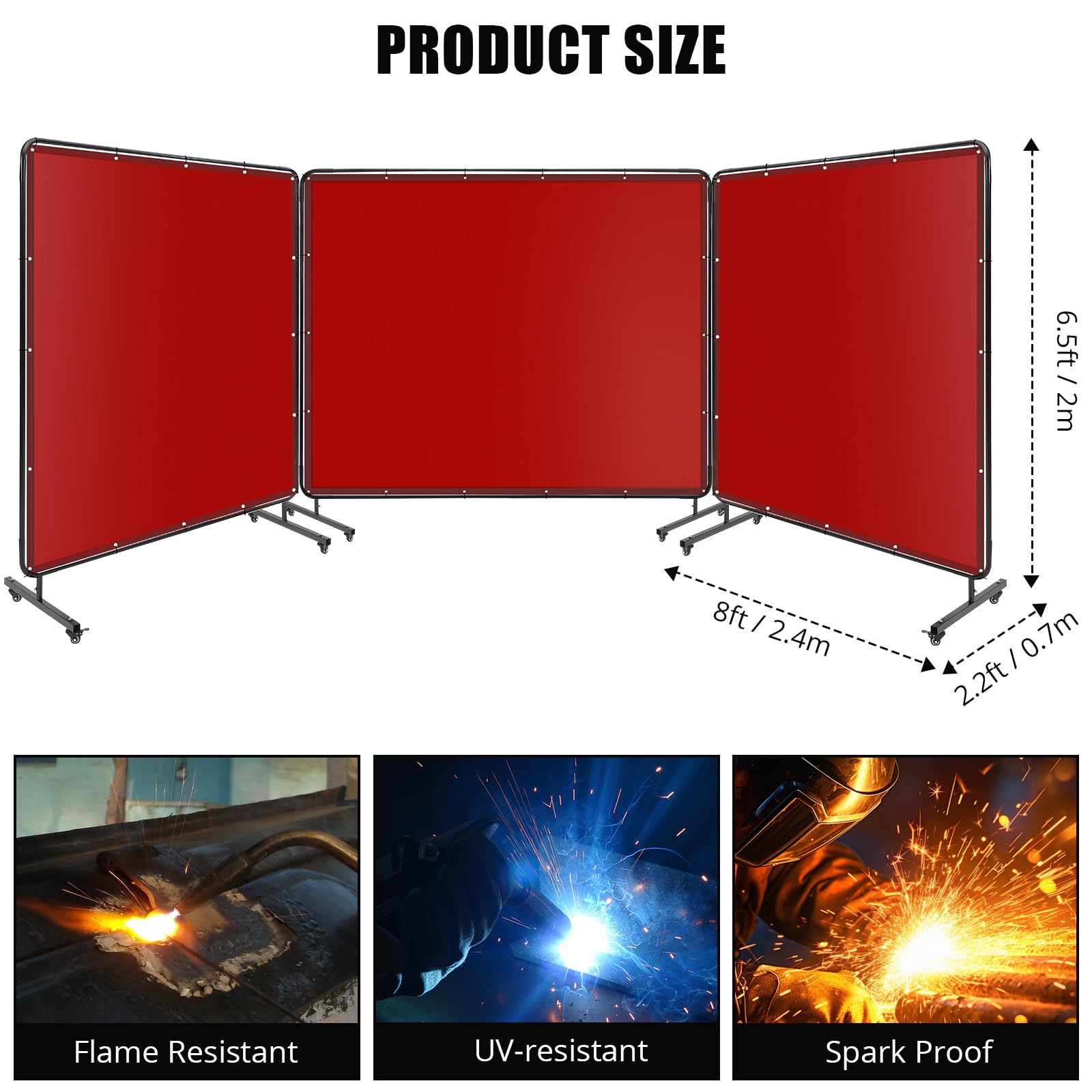 3 Panel 8x6 FT Flame-Resistant PVC Welding Screen with Lockable Swivel Wheels - Transparent Welding Safety Curtain for Metal Fabrication, Auto Repair & Industrial Workshops