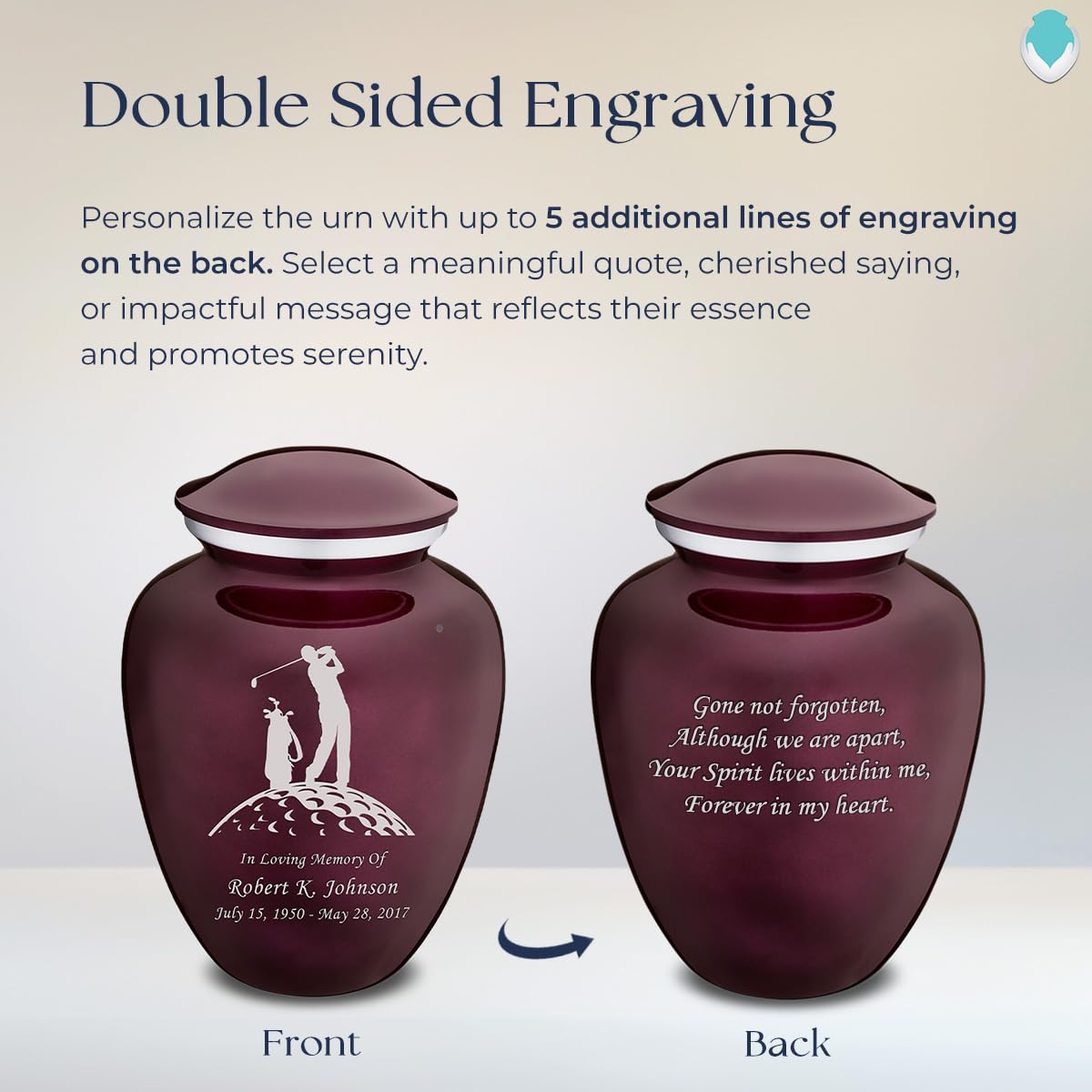 Personalized Golf Cremation Urns for Ashes - Large Cherry Purple Funeral Urn for Men & Women with Double-Sided Engraving (Holds 200 lbs) - Memorial Keepsake for Golf Lovers, Perfect for Home Display or Burial Ceremony