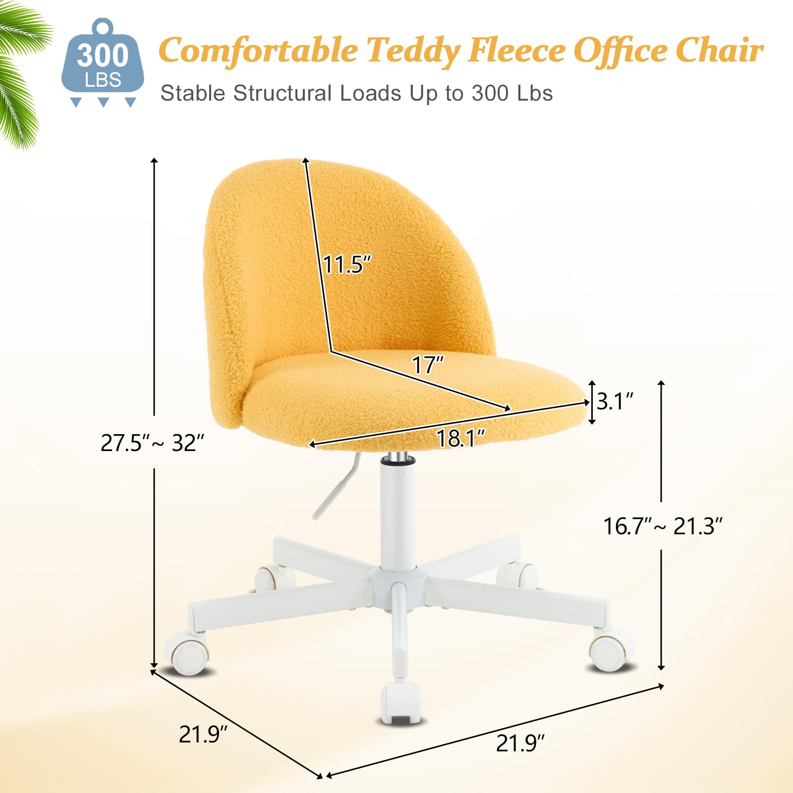 VINGLI Adjustable Swivel Office Chair with Wheels - Cute Armless Desk Chair for Home Office, Bedroom & Vanity - Ergonomic Lumbar Support, Rolling Computer Task Chair in Sunny Egg Yellow - Perfect for Small Spaces & Cozy Workspaces