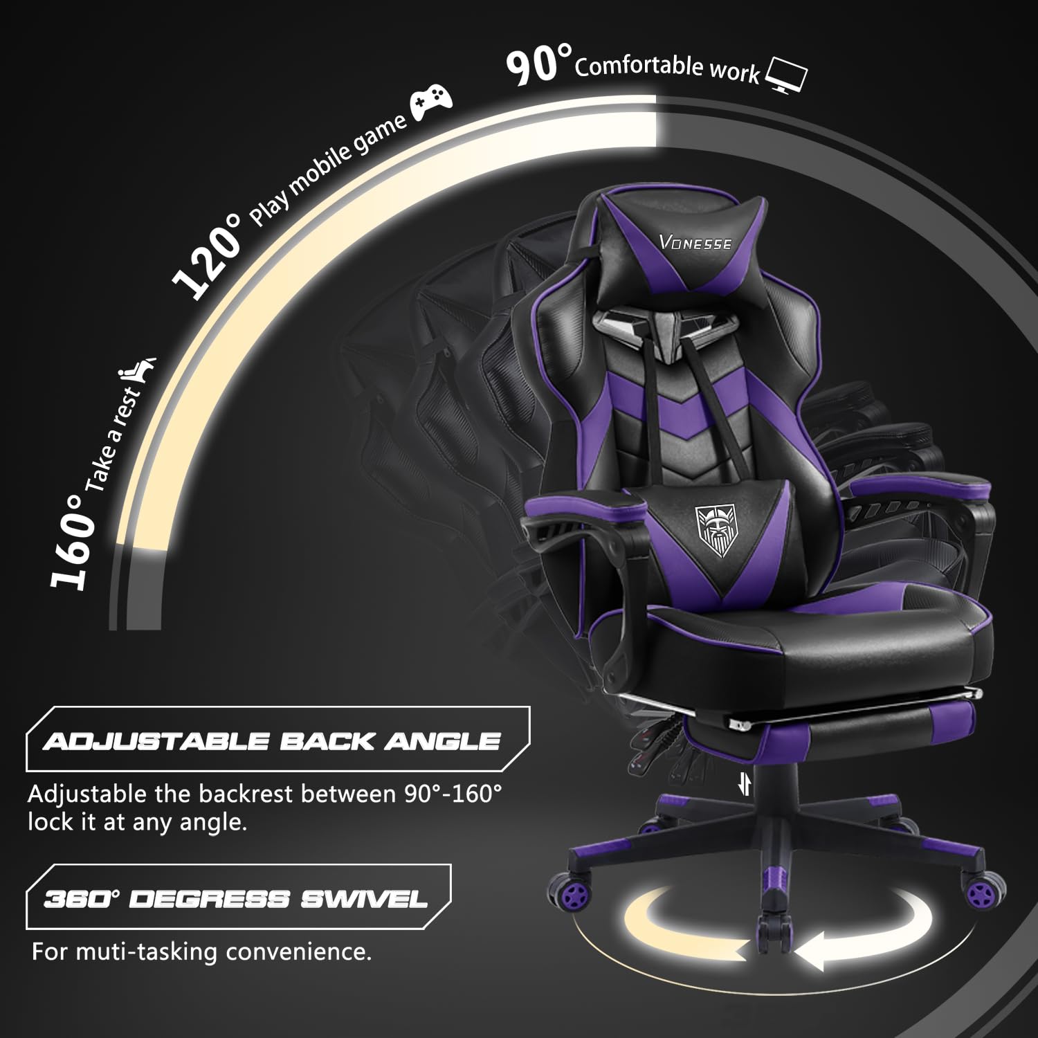 Vonesse Ergonomic Gaming Chair with Adjustable Footrest - Big & Tall Computer Chair for Adults, High Back Support with Massage & Reclining Features - Purple/Black Gaming Seat for Office, Streaming & Esports