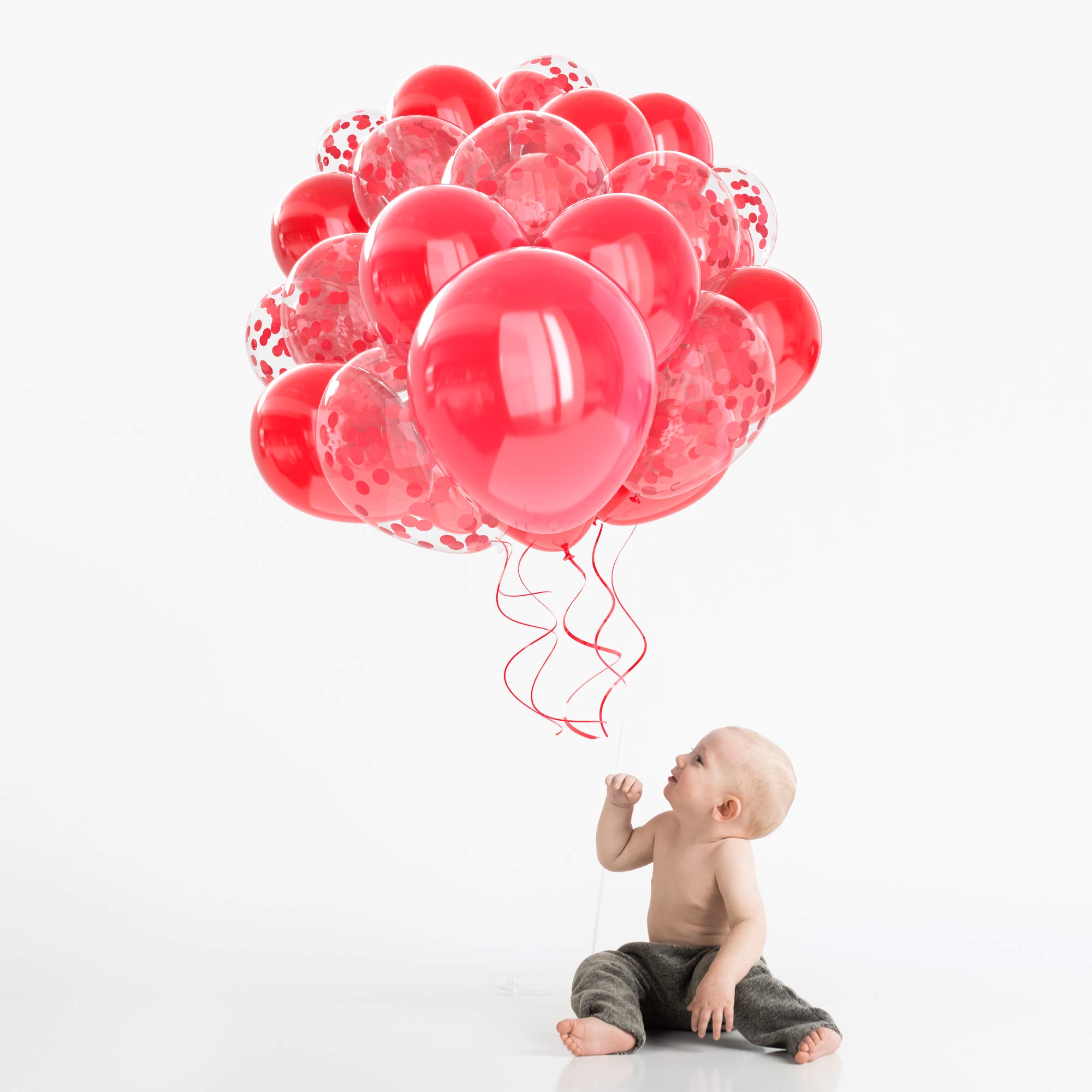 60 Pack Red Balloons with Confetti & Ribbons - Premium Party Balloons for Birthday Decorations, Wedding, Baby Shower & Holiday Celebrations - Helium Ready Red Confetti Balloons for Indoor/Outdoor Events
