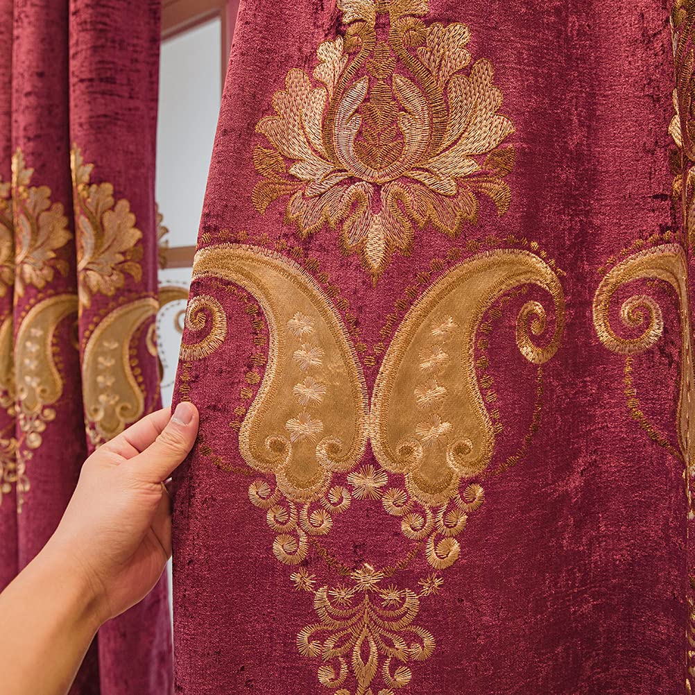 ELKCA Burgundy Red Chenille Curtains with Embroidered Pattern - European Style Grommet Top Window Drapes for Living Room, Bedroom - 52