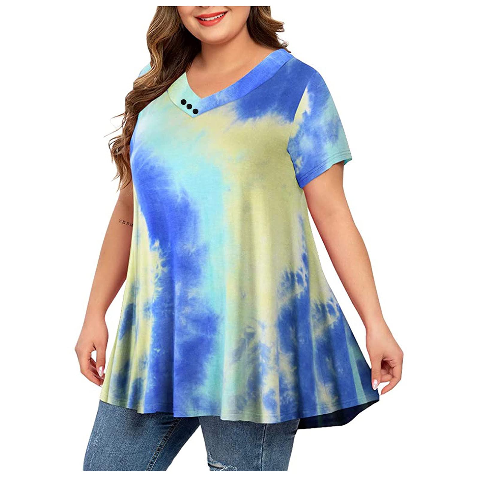 Women's Plus Size Tie-Dye V-Neck Short Sleeve T-Shirt with Pleated Hem - Flowy Summer Blouse for Casual Wear, Beach Outfits & Vacation Style