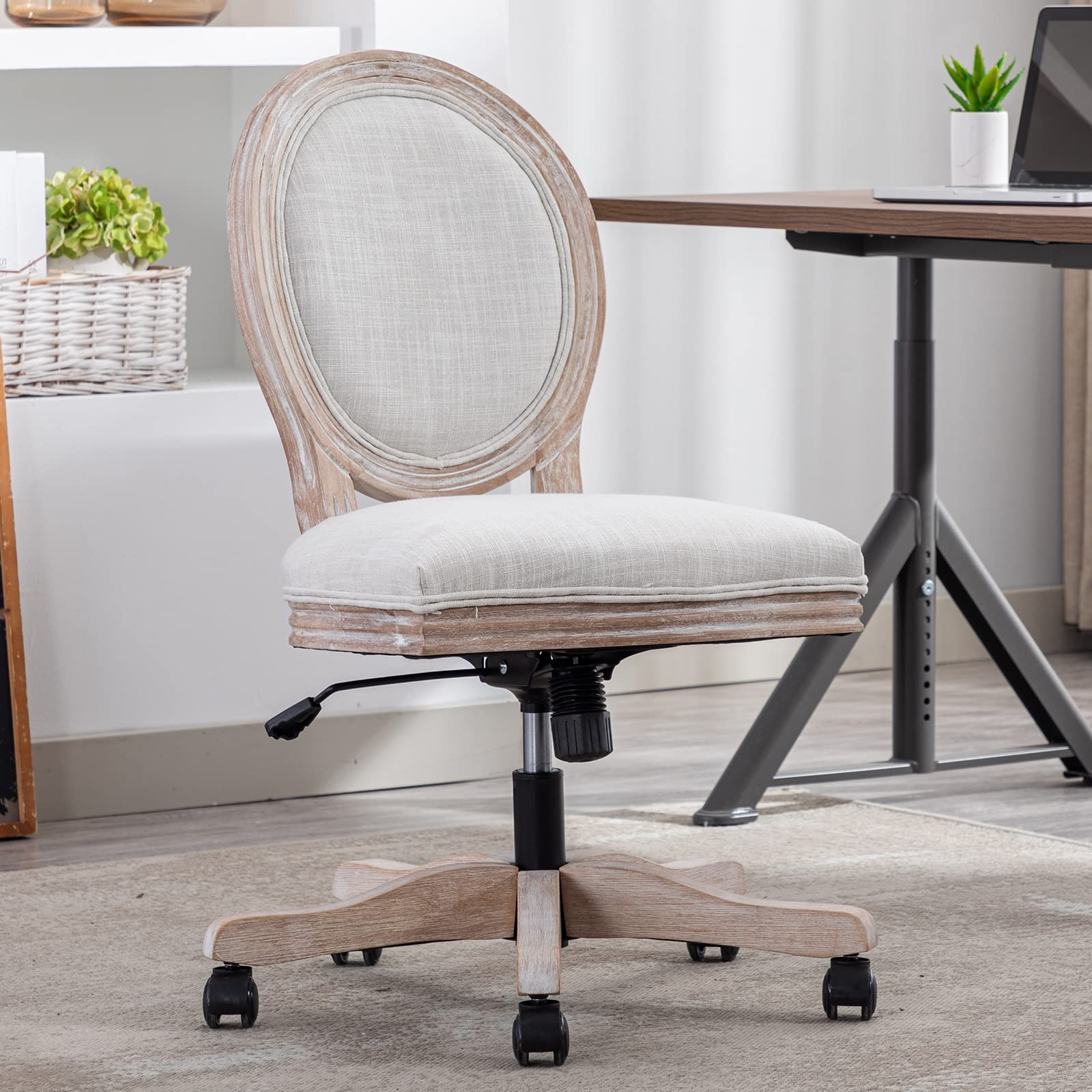 French Country Office Computer Desk Chair - Linen Upholstered Executive Mid Back Task Chair with Wood Base & Adjustable Swivel Casters - Perfect for Home Office, Study or Workspace (Black/Beige)