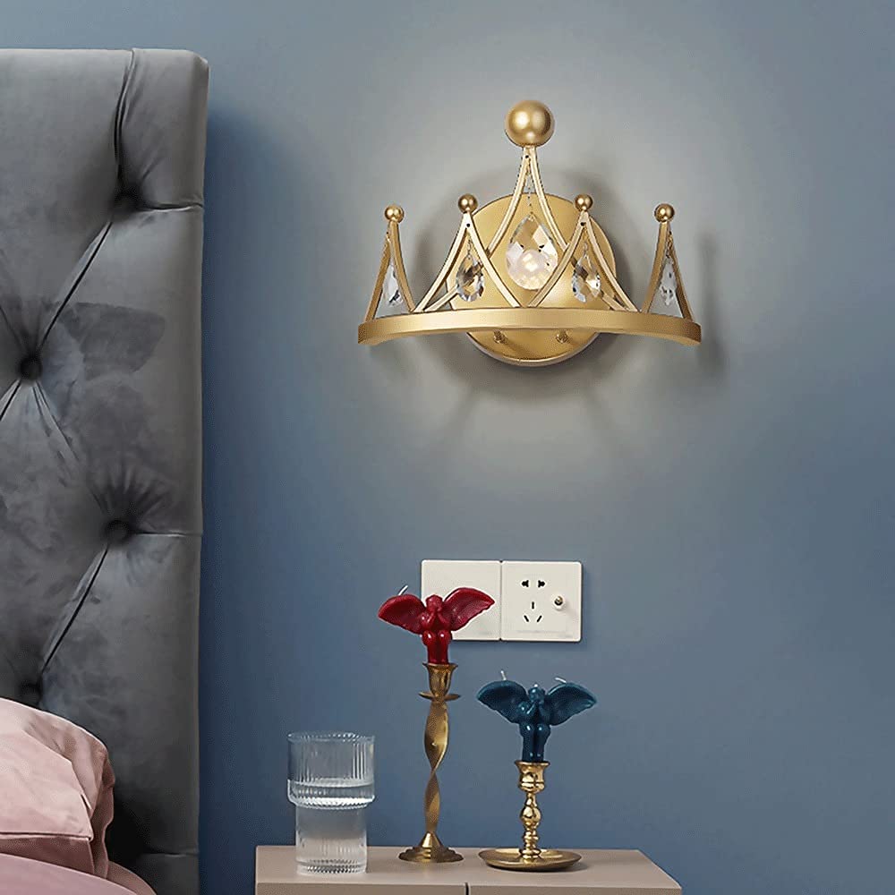 YKLL Modern Golden Crystal Crown Wall Sconce - LED Wall Lamp with Raindrop Pendant Light for Bedroom, Living Room & Vanity Decor | Elegant Rustic Metal Ceiling Fixture & Chandelier Lighting