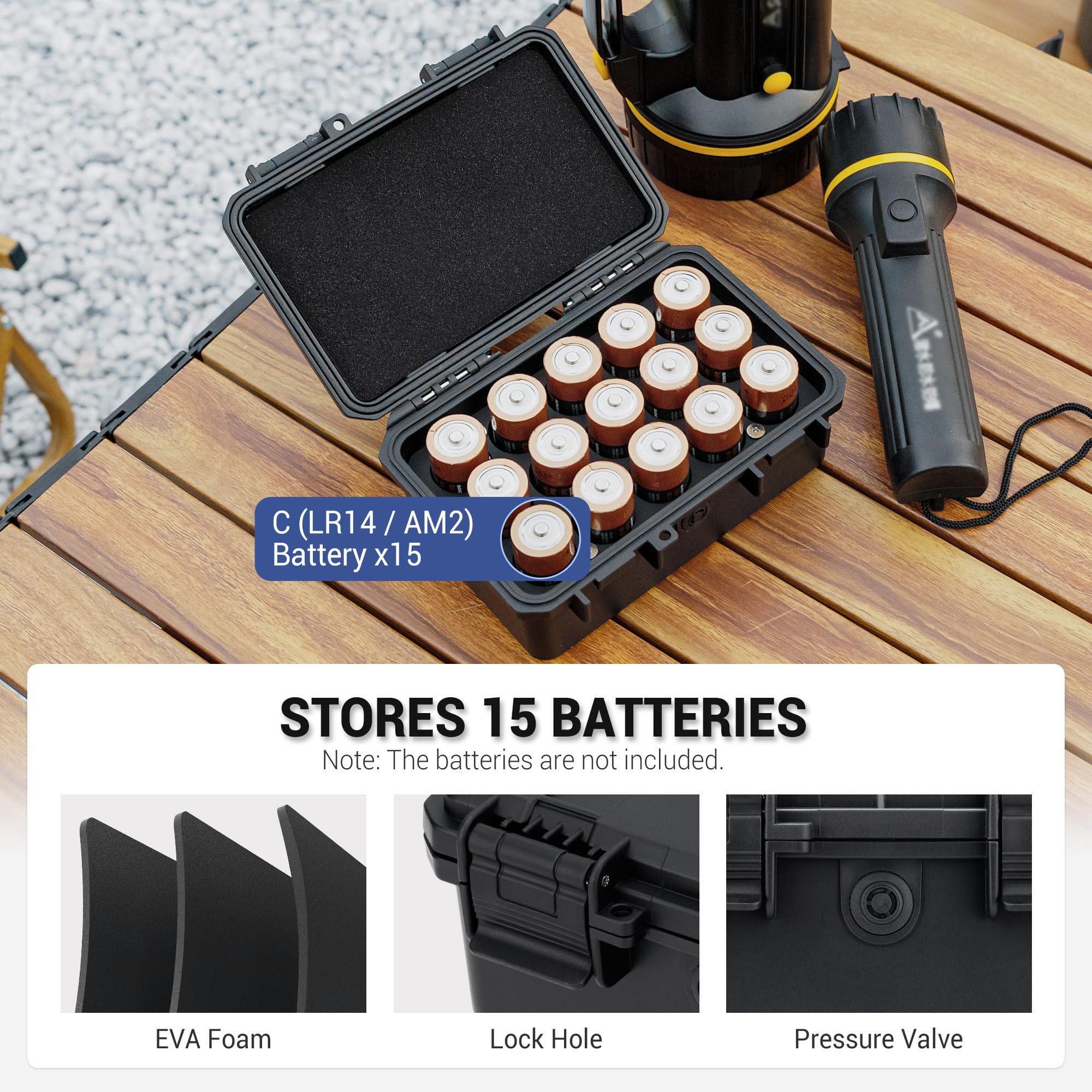 KIWIFOTOS 15-Slot C Battery Organizer - Heavy Duty IP67 Waterproof Storage Case for C Cell LR14 Alkaline Batteries - Ideal for Household, Office, Camping & Outdoor Use