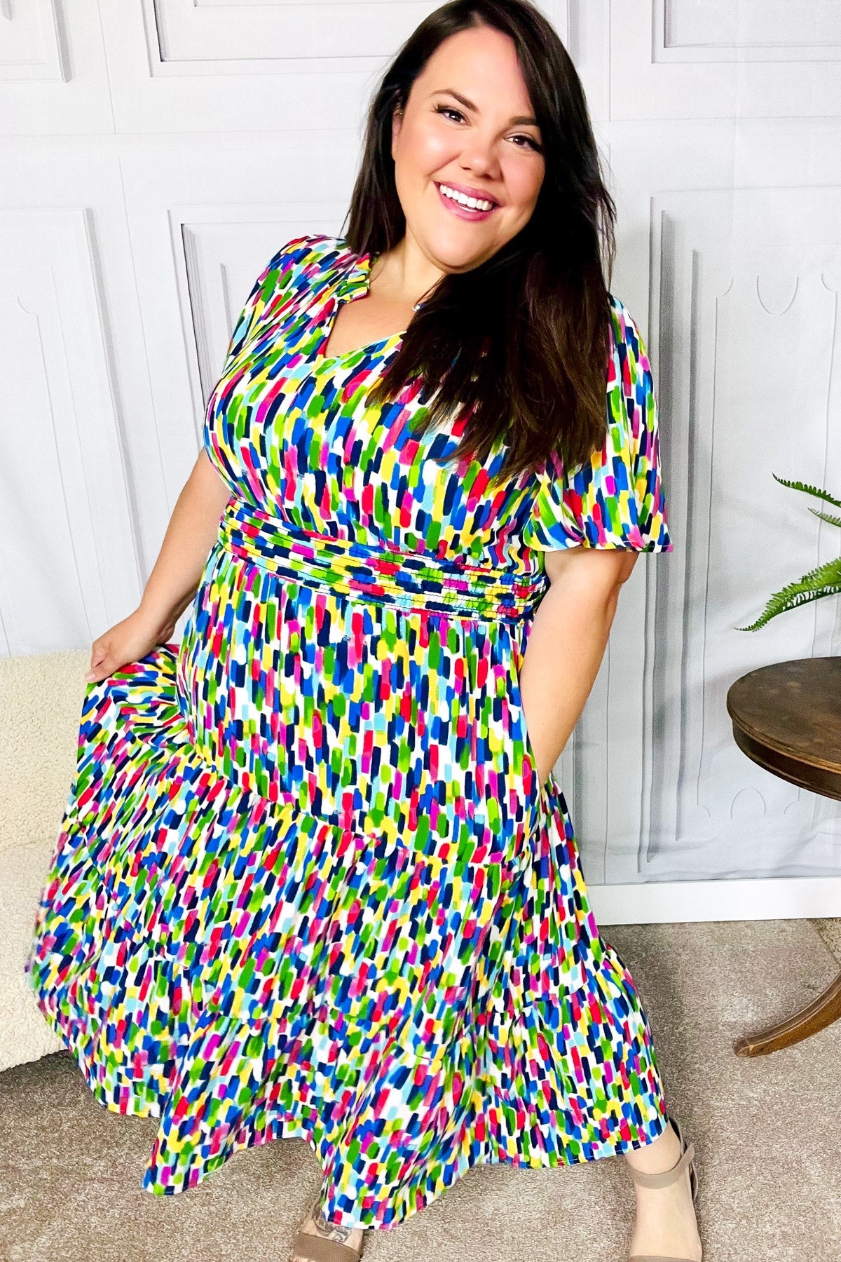 All For You Navy Multicolor Abstract Print Smocked Waist Maxi Dress | Women's Flowy Summer Beach Dress for Vacations & Outdoor Parties
