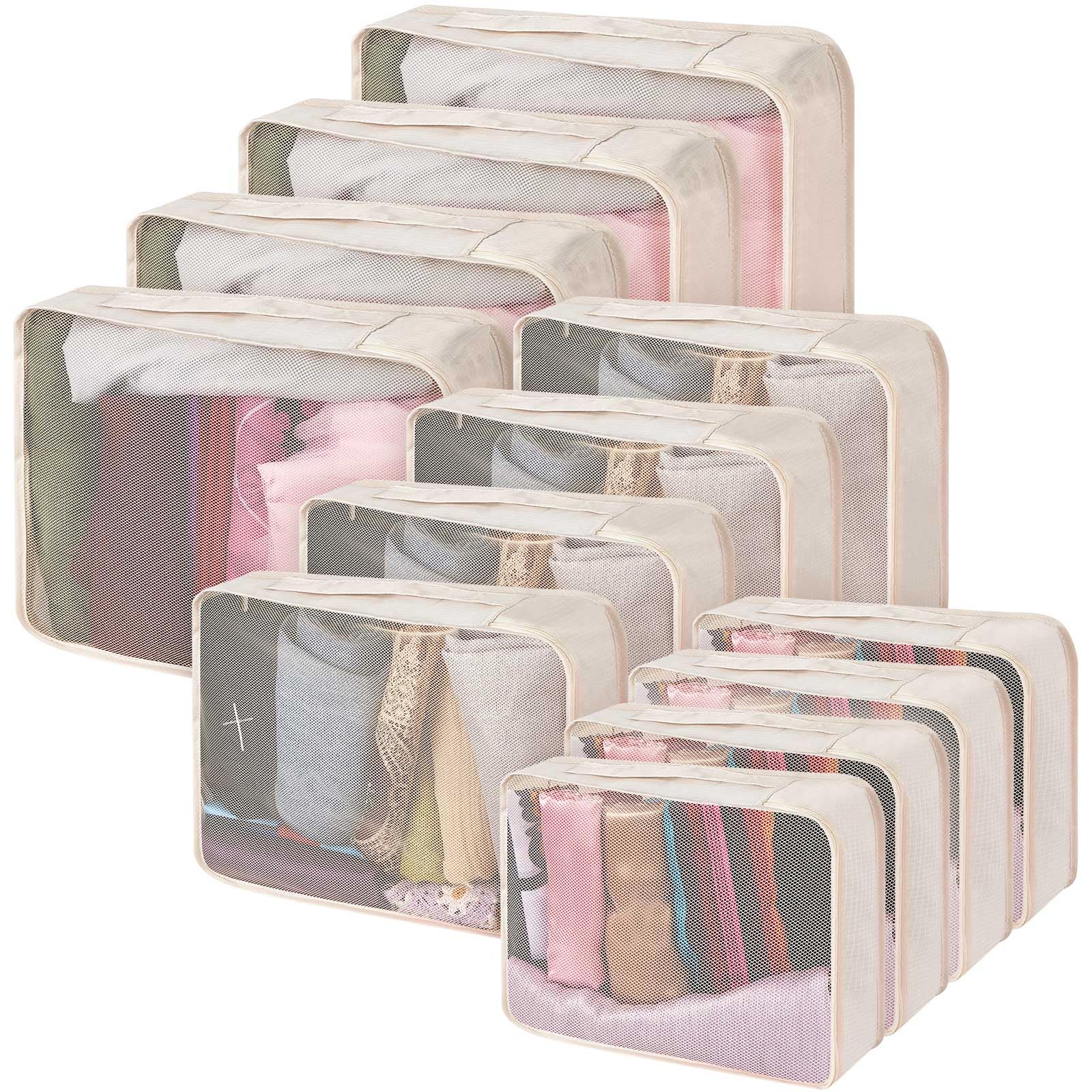 Silkfly 12-Piece Packing Cubes Set for Travel - Light Khaki Mesh Luggage Organizers (XL, L, M) - Perfect for Suitcase, Backpack, Hiking & Camping Gear Organization