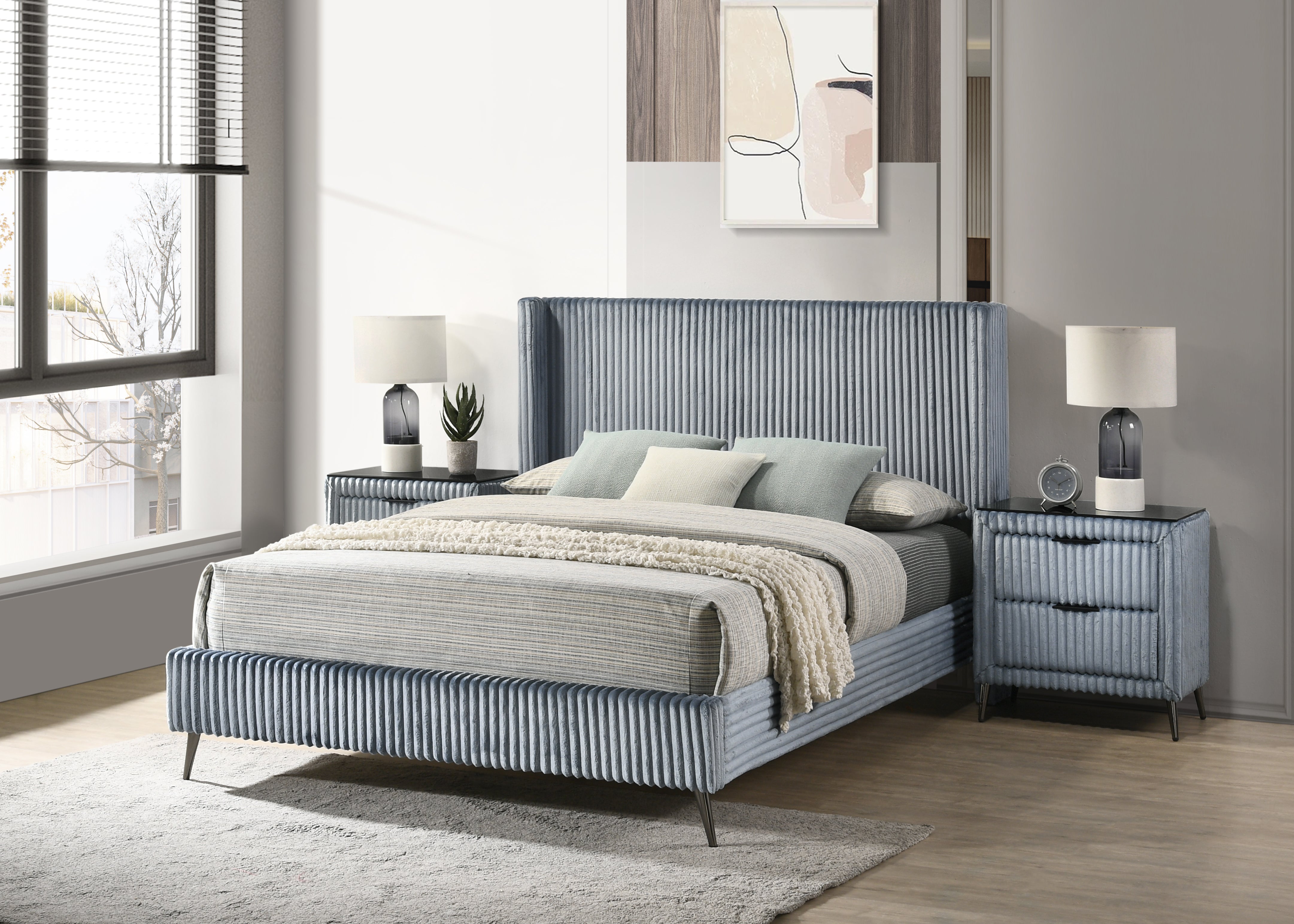Roundhill Furniture Mavela Wide Wale Corduroy Upholstered Panel Bed with 2 Nightstands - Luxurious Bedroom Set for Modern Home Decor & Cozy Sleeping Experience