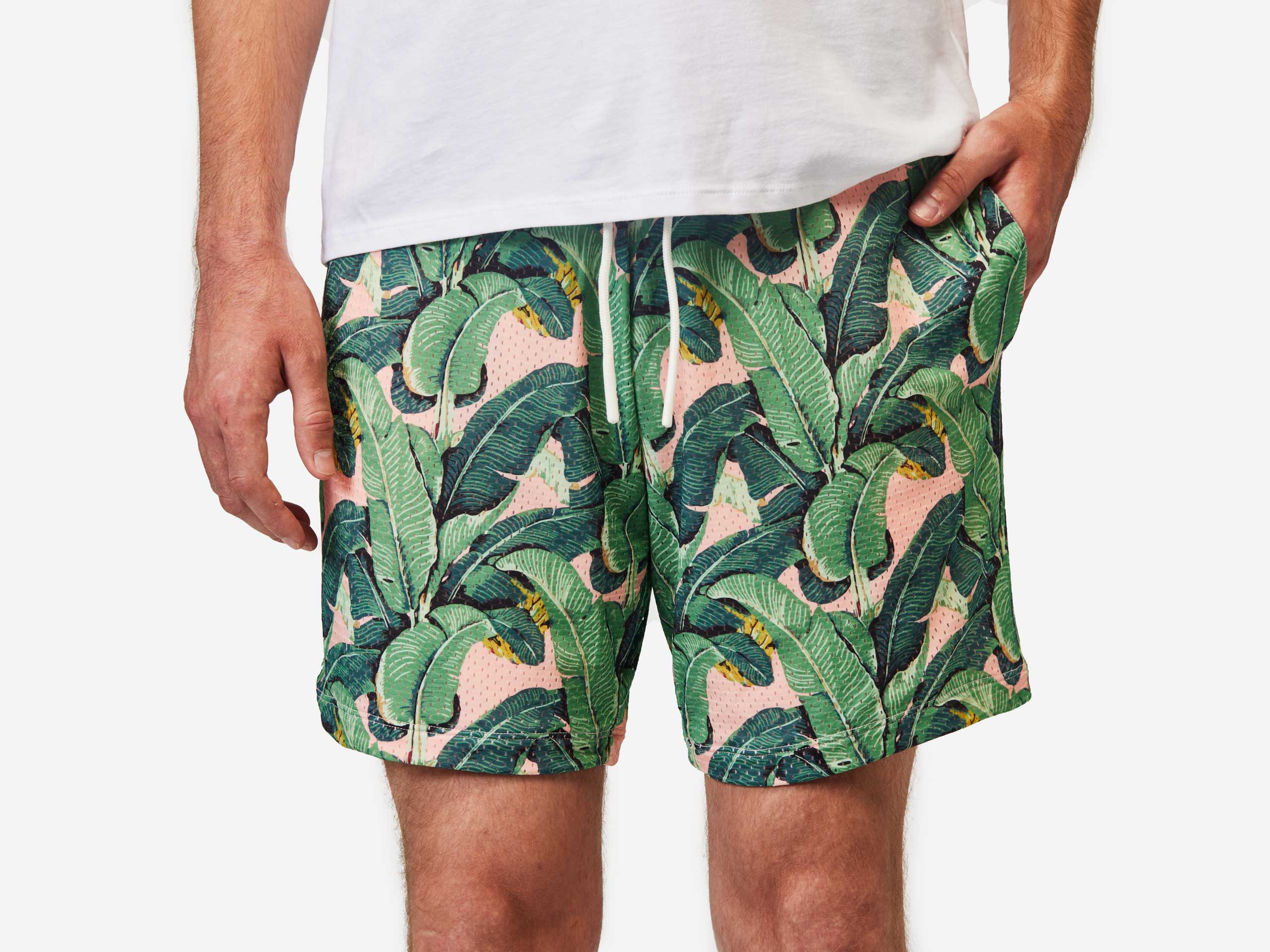 6 Pocket Lounge Shorts for Women - Soft Pink Palms Print, Comfortable Casual Wear for Beach, Yoga, and Summer Outings