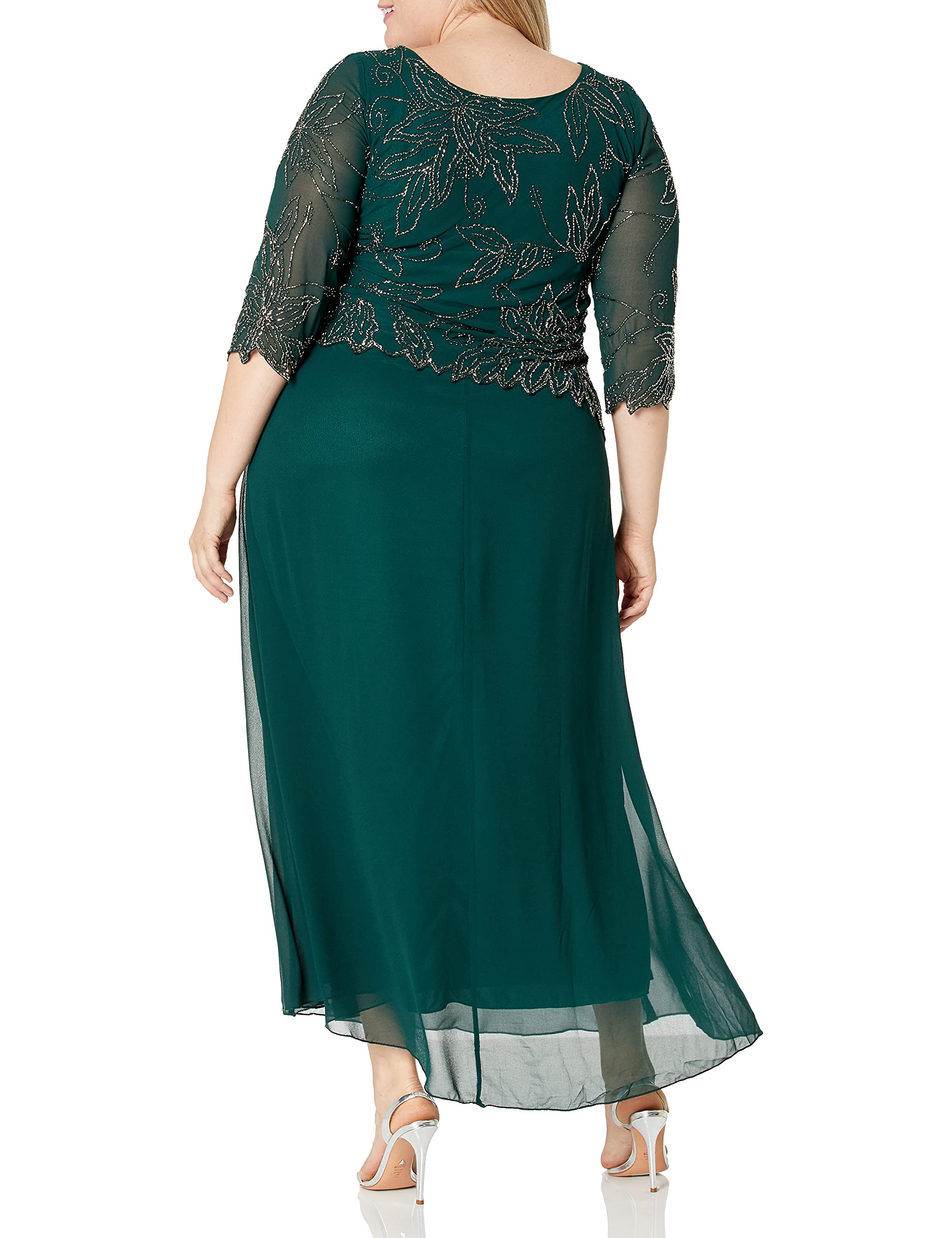 J Kara Plus Size Women's Sheer Sleeve Floral Beaded Long Maxi Dress for Evening Party, Wedding Guest, Prom & Special Occasions