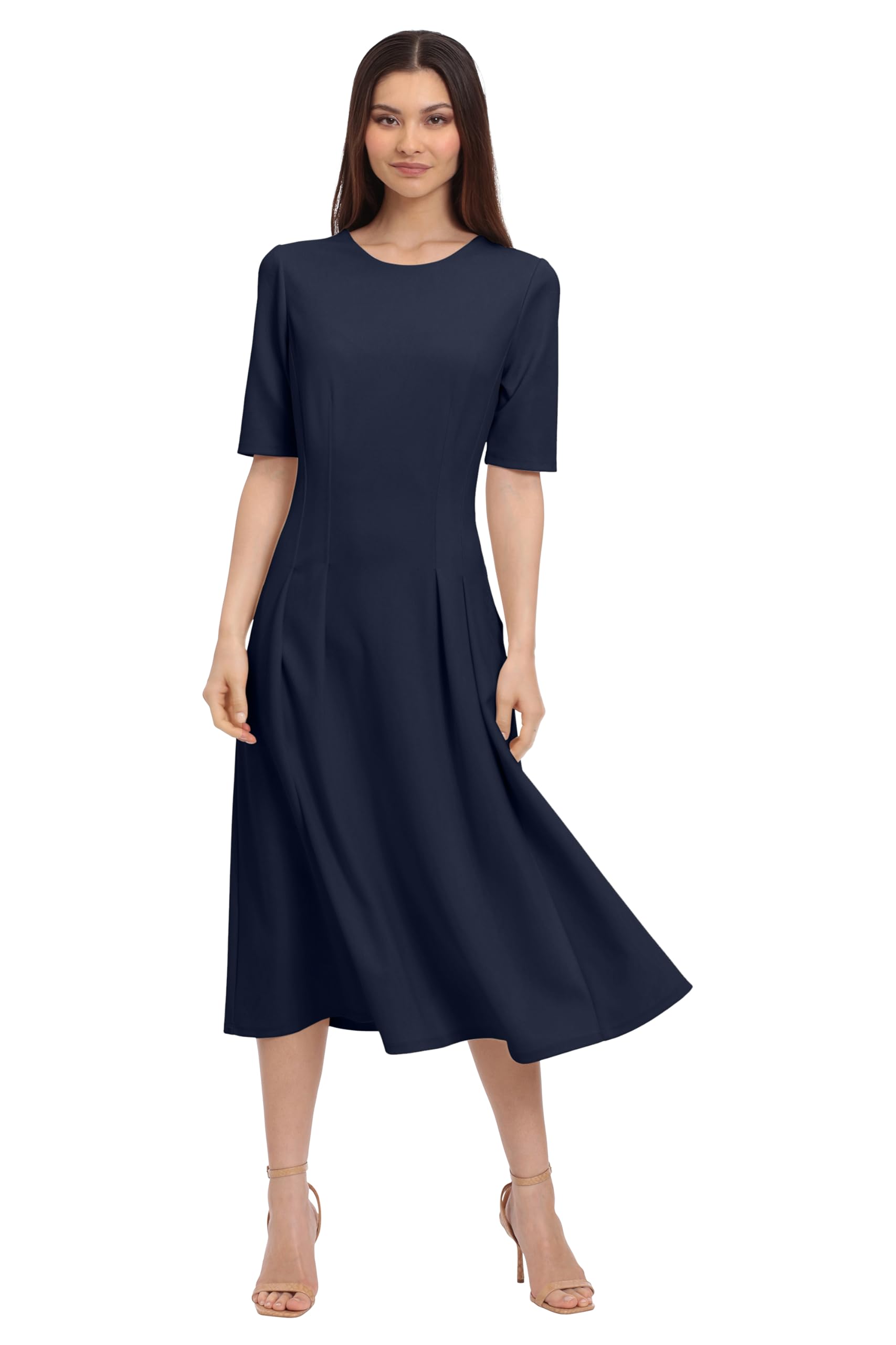 Maggy London Women's Short Sleeve Double Pleat Midi Dress - Elegant Flowy A-Line Summer Dress for Work, Wedding & Special Occasions