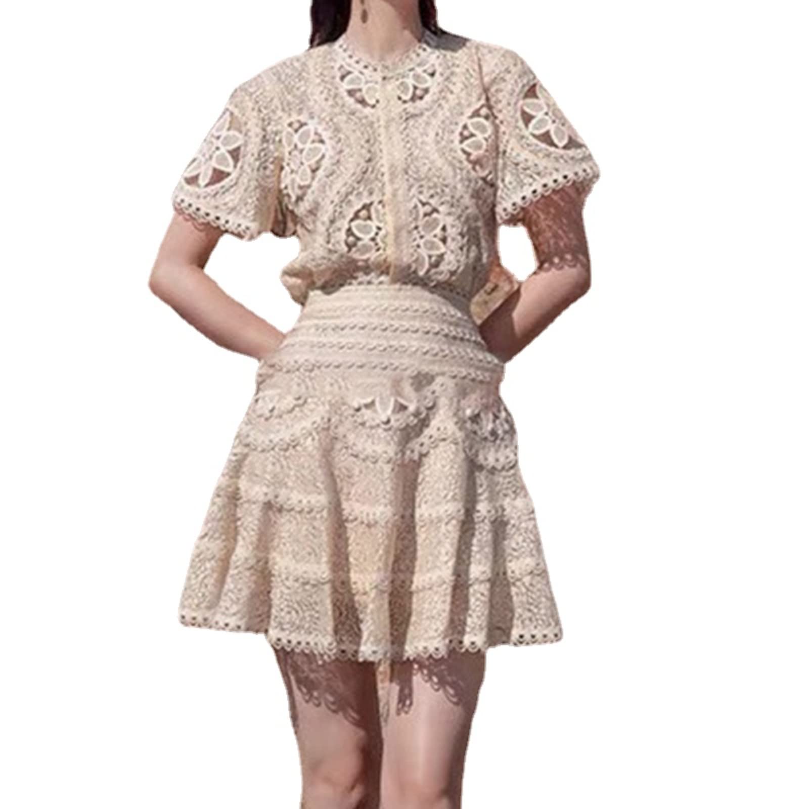 Women's Vintage Floral Embroidery Lace Dress Set - Summer Puff Sleeve Bodycon Mini Dress in Apricot | Perfect for Beach Vacations, Date Nights & Summer Parties