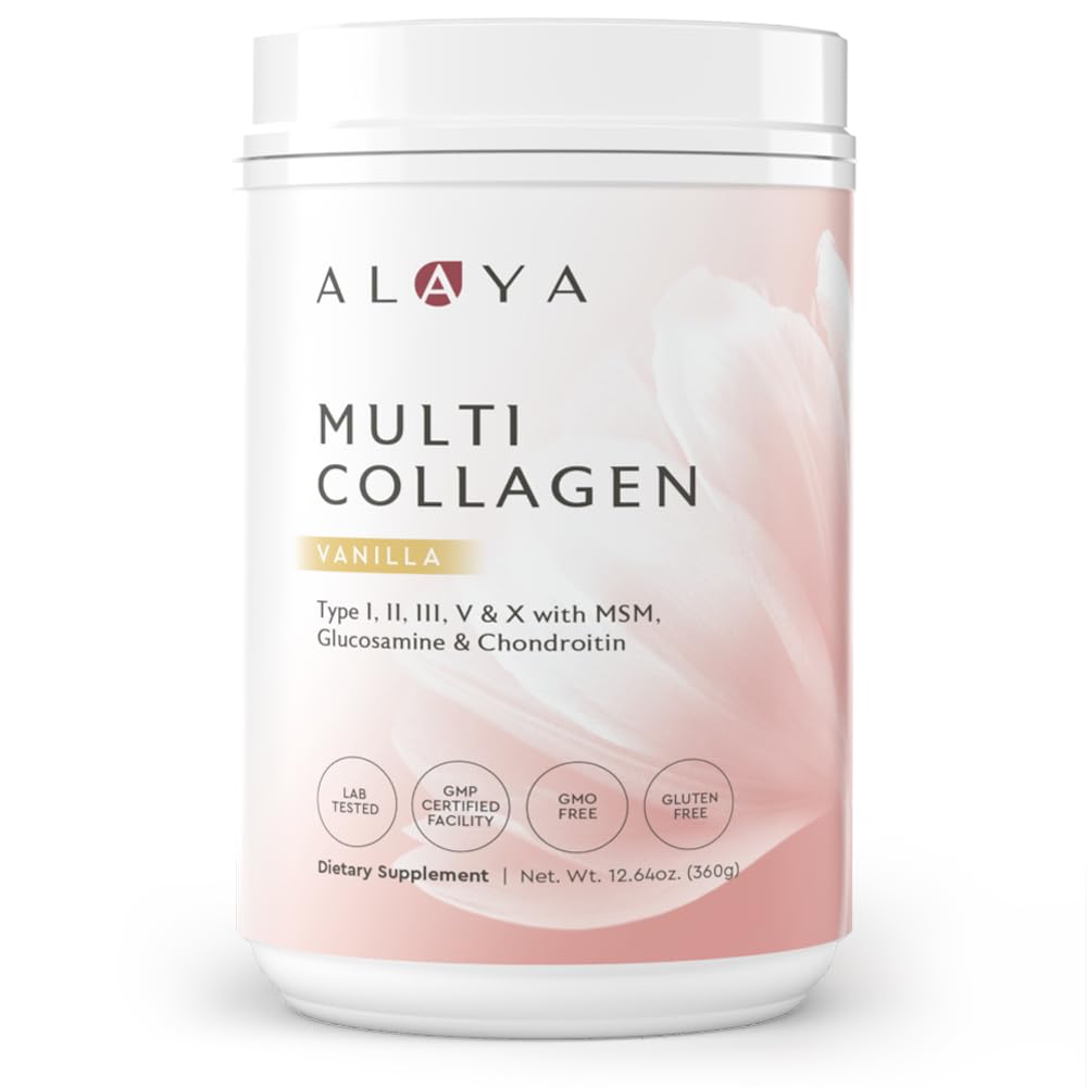 Alaya Multi Collagen Powder - Hydrolyzed Collagen Peptides Protein Supplement with Types I, II, III, V, X + MSM & GC (Vanilla Flavor) for Joint Support, Skin Health & Hair Growth - Ideal for Smoothies, Coffee & Baking
