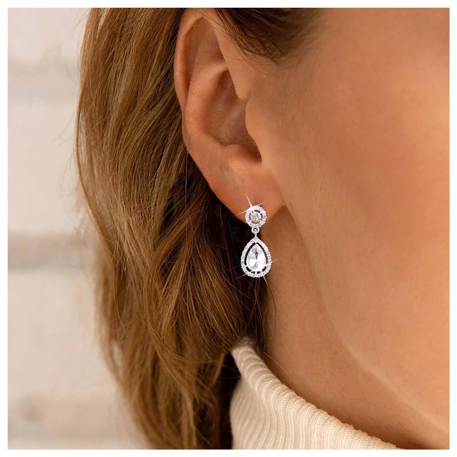 Boho Crystal Rhinestone Earrings for Women – Silver Waterdrop Dangle Earrings with Vintage Gemstone & Sparkly CZ Paved Circle Studs | Elegant Jewelry Gift for Girls, Party, Wedding & Daily Wear