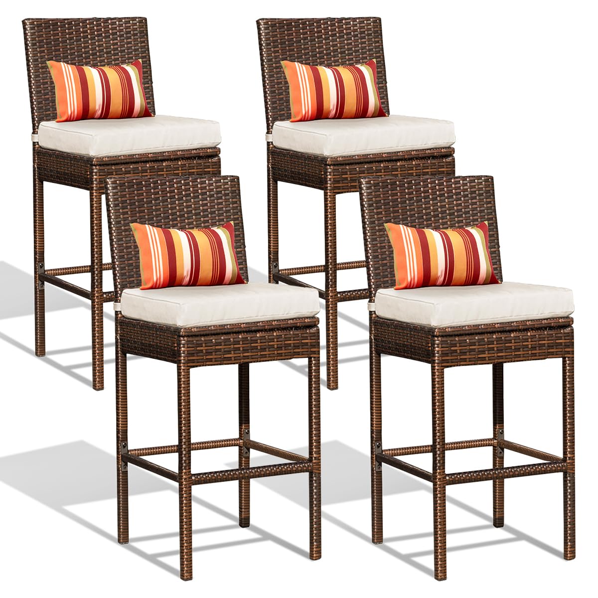 Sundale Outdoor Wicker Bar Stool Set of 4 - 30 Inch Rattan Counter Height Stools with Backrest & Beige Cushions - Brown Steel Frame Patio Furniture for Poolside, Deck, or Outdoor Dining Areas