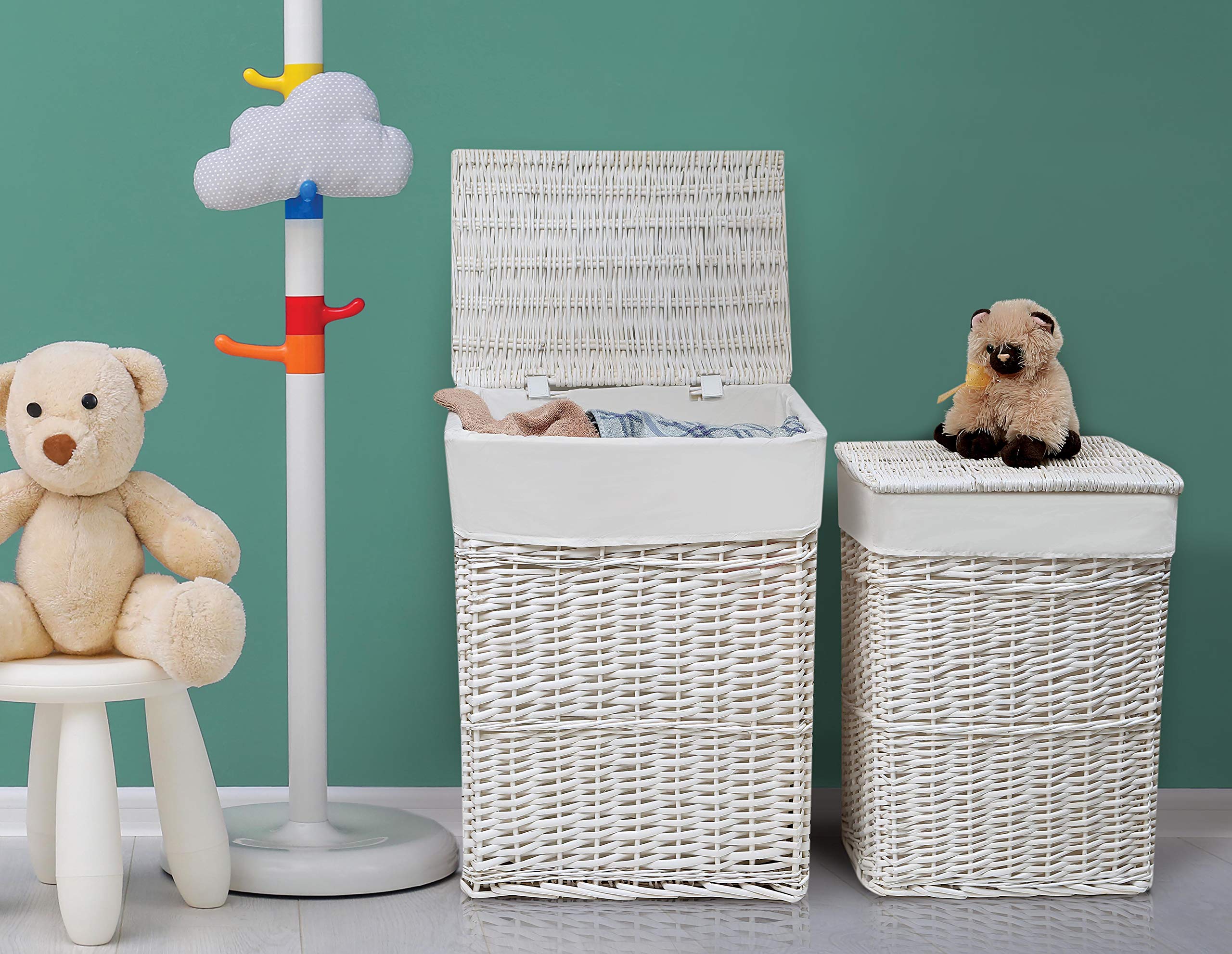 White Wicker Two Hamper Set with Removable Liners - Laundry Basket for Bedroom, Bathroom & Closet Organization