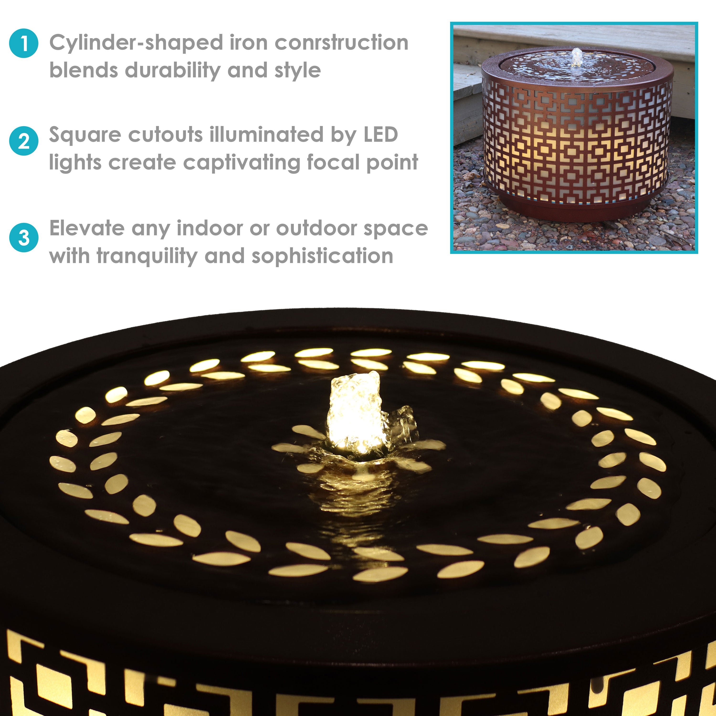 Sunnydaze Repeating Squares Cylinder Iron Outdoor Water Fountain - 14.25 Inch Tall Garden Decor for Patio, Yard, and Landscape | Relaxing Water Feature for Outdoor Spaces