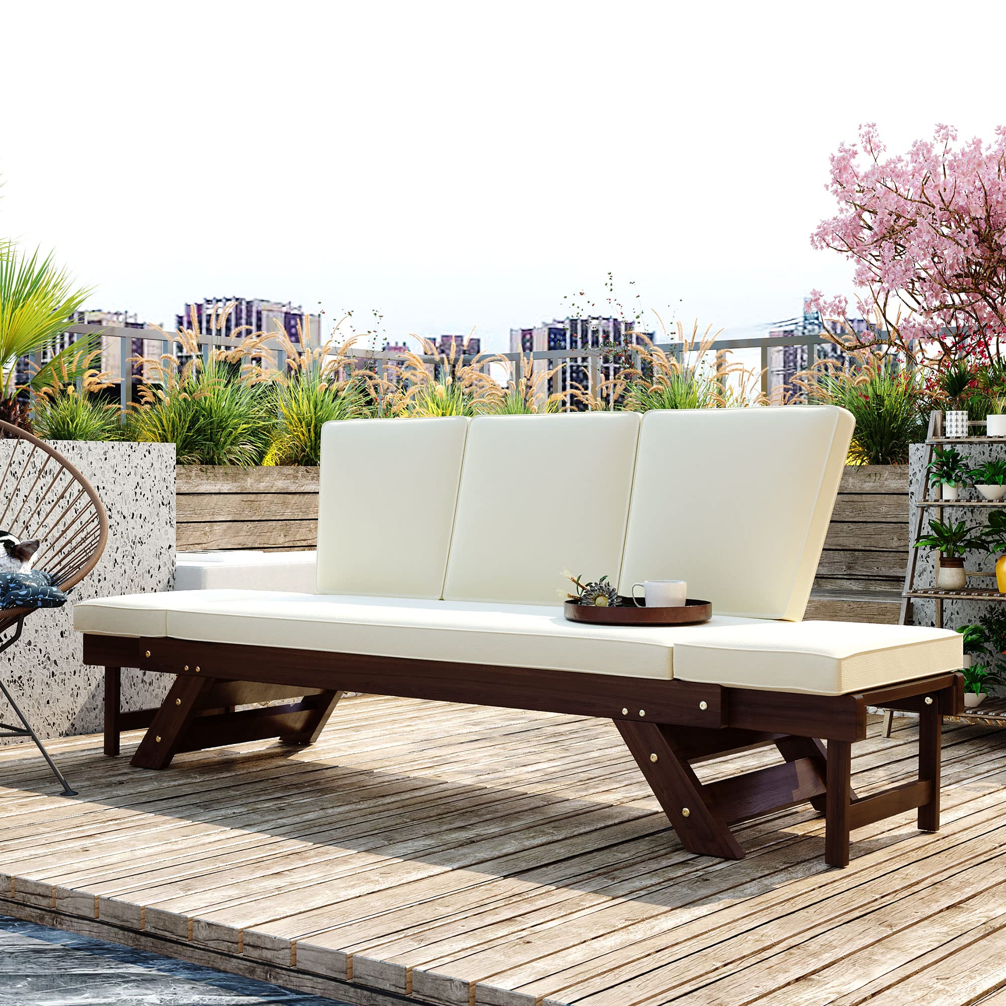 Merax Outdoor Patio Sofa Loveseat Chaise Lounge - Expandable Wooden Daybed with Gray Cushions for Small Spaces, Beige - Perfect for Balcony, Garden, or Poolside Relaxation