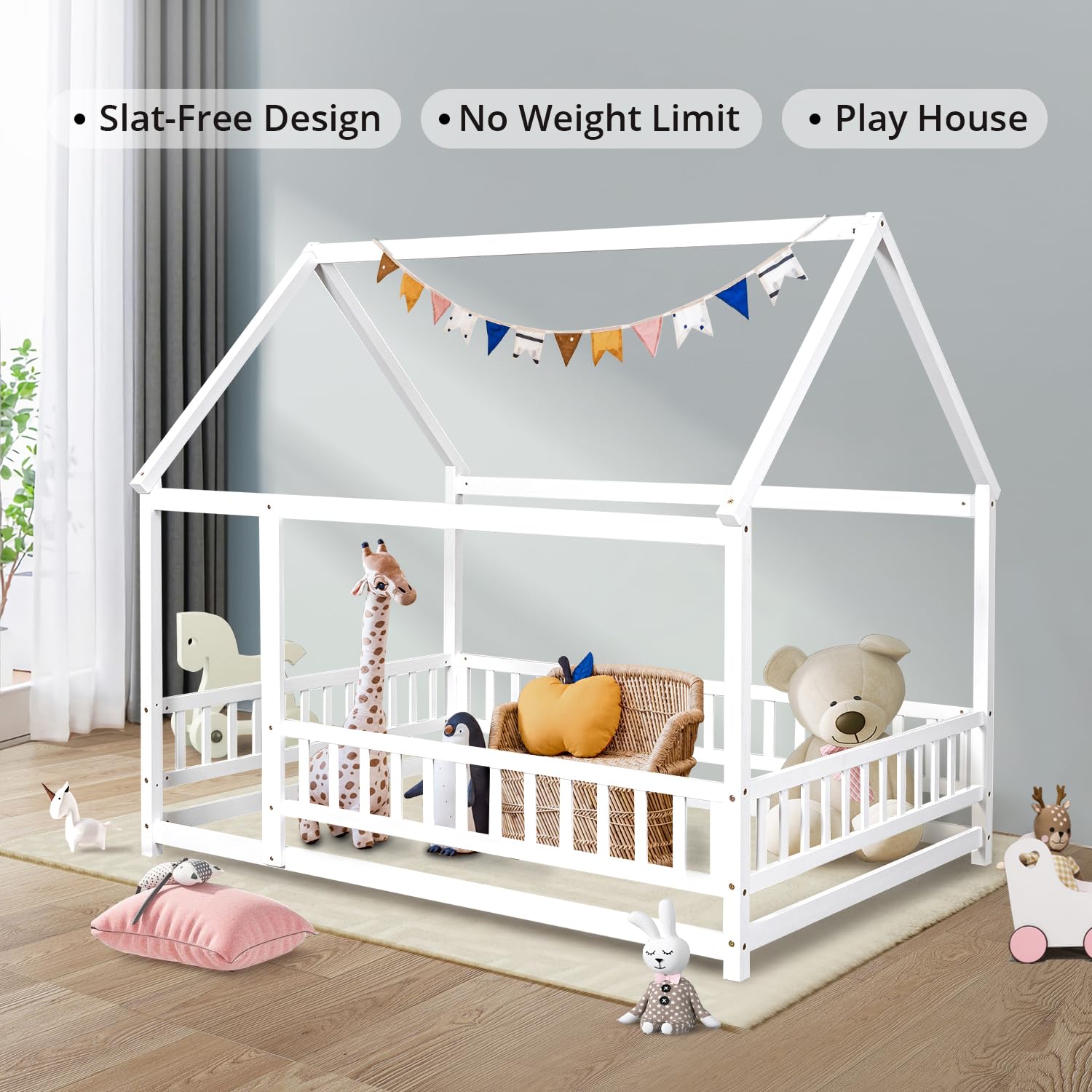 Montessori Full Size Floor Bed Frame with Roof & Fence - Solid Wood House Bed for Kids, Boys & Girls Bedroom Furniture - White | Safe Toddler Sleeping Solution for Daycare & Home Nursery