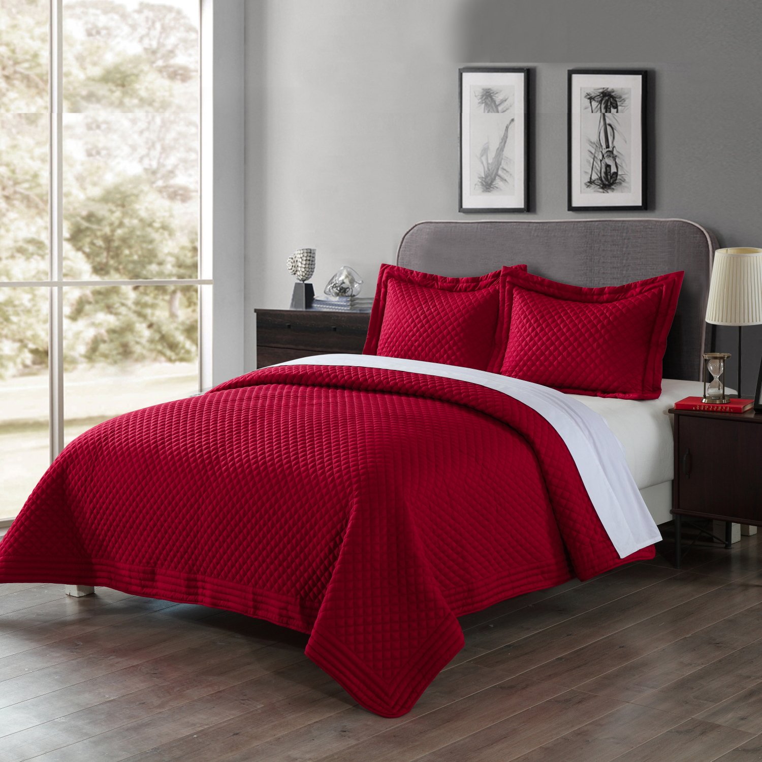 Lotus Home Diamondesque Water & Stain Resistant Microfiber Quilt - Full/Queen Size, Red - Soft & Durable Bedding for All Seasons, Perfect for Bedroom, Guest Room & Dorm Decor