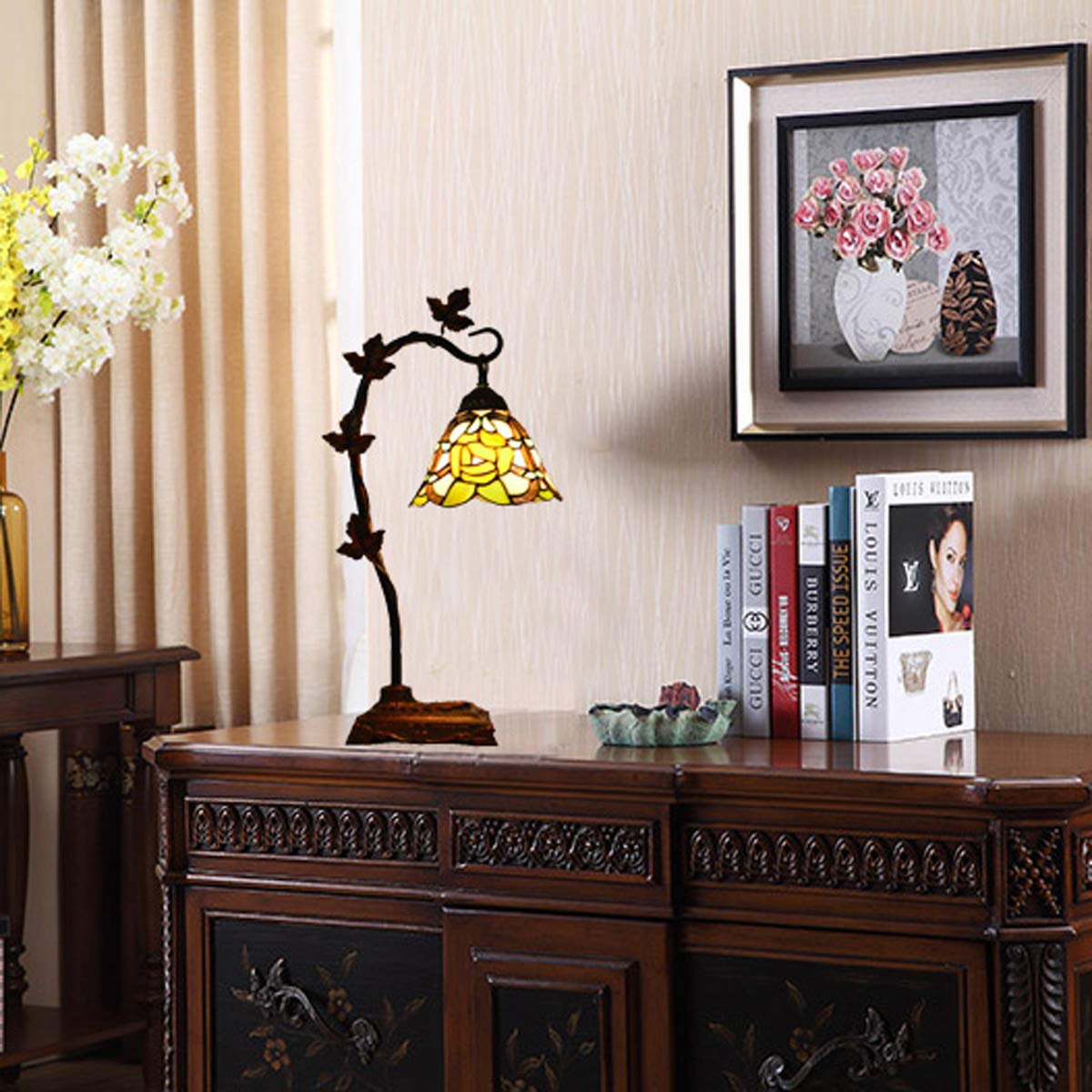 Tiffany Style Rose Table Lamp - 6-Inch Pastoral Stained Glass Desk Lamp with Gooseneck for Reading, Living Room, Bedroom, Bedside & Study | Perfect for Home Decor, Office Lighting and Cafe Ambience