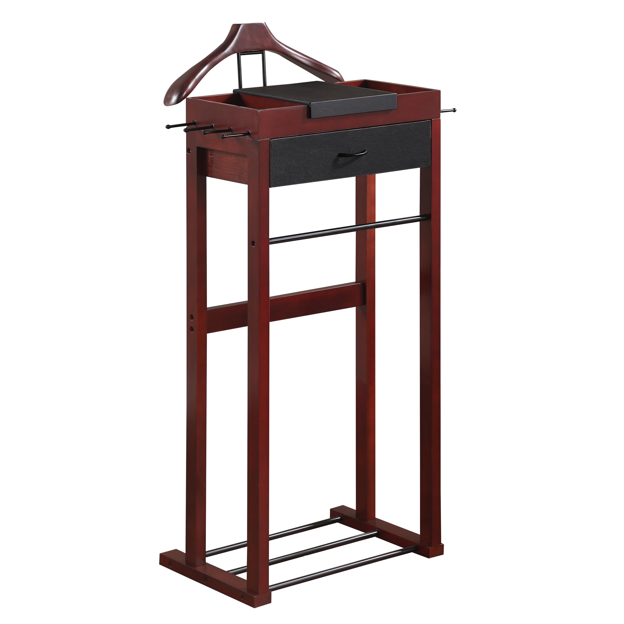 Premium Winston Wooden Clothes Valet Stand - Freestanding Wardrobe Organizer with Hanger, Pant Rod, Drawer, Tie Hook & Shoe Tray for Men & Women - Mahogany Finish - Perfect for Bedroom, Walk-in Closet & Dressing Room Organization