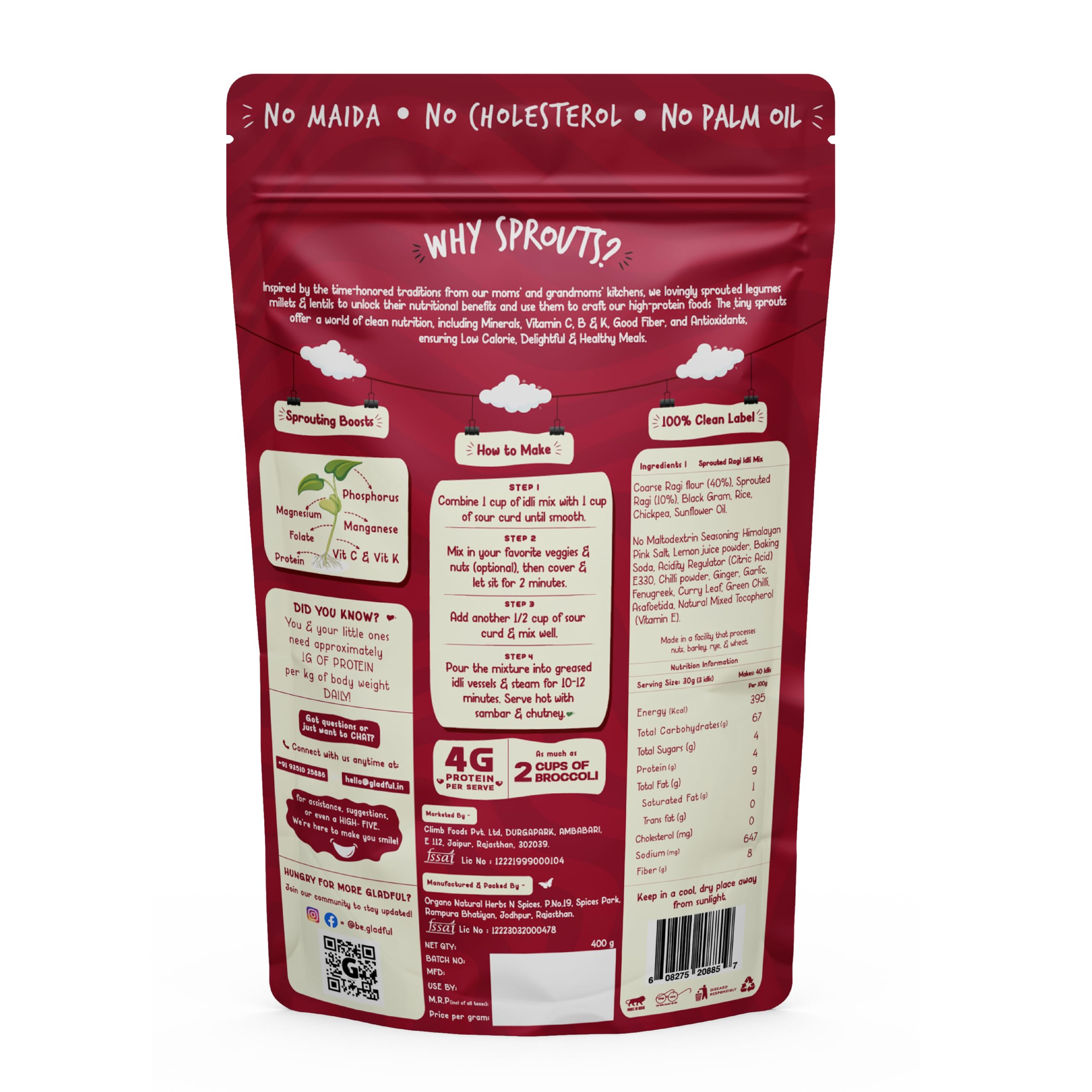 Gladful Ragi and Multi Millet Idli Instant Mix - High Fiber, No Palm Oil, No Transfat, Vegan & Gluten-Free - Quick & Nutritious Breakfast for Weight Loss & Diabetics - Pack of 2 (800g) | Perfect for Busy Mornings, Office Lunch & Healthy Snacking