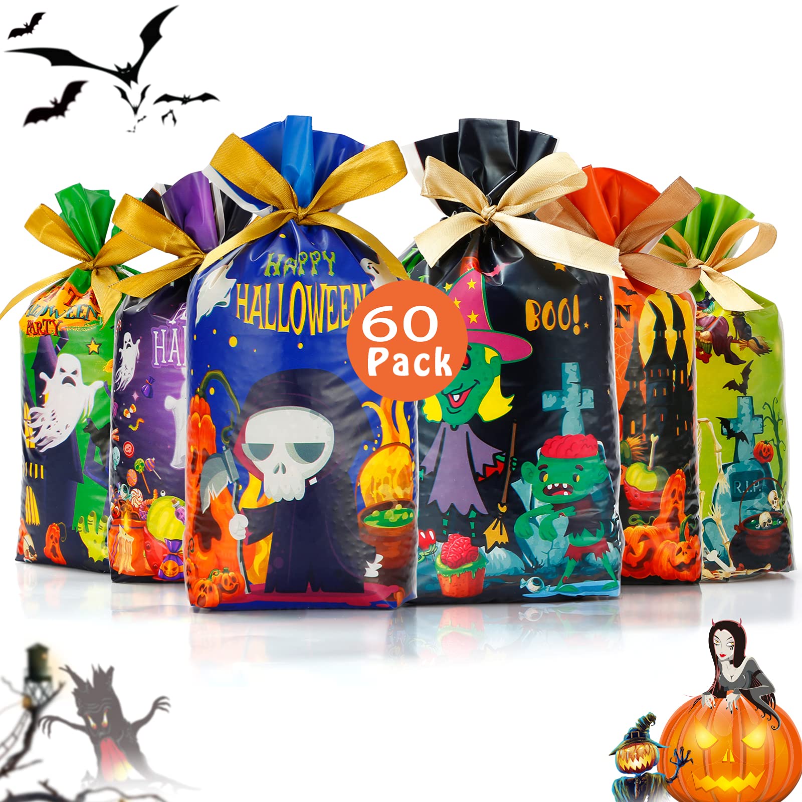 60 Pcs Halloween Candy Bags - Plastic Drawstring Treat Bags for Halloween, Birthday Parties, Weddings & Favors | Perfect for Snack Wrapping, Trick-or-Treat & Party Decorations