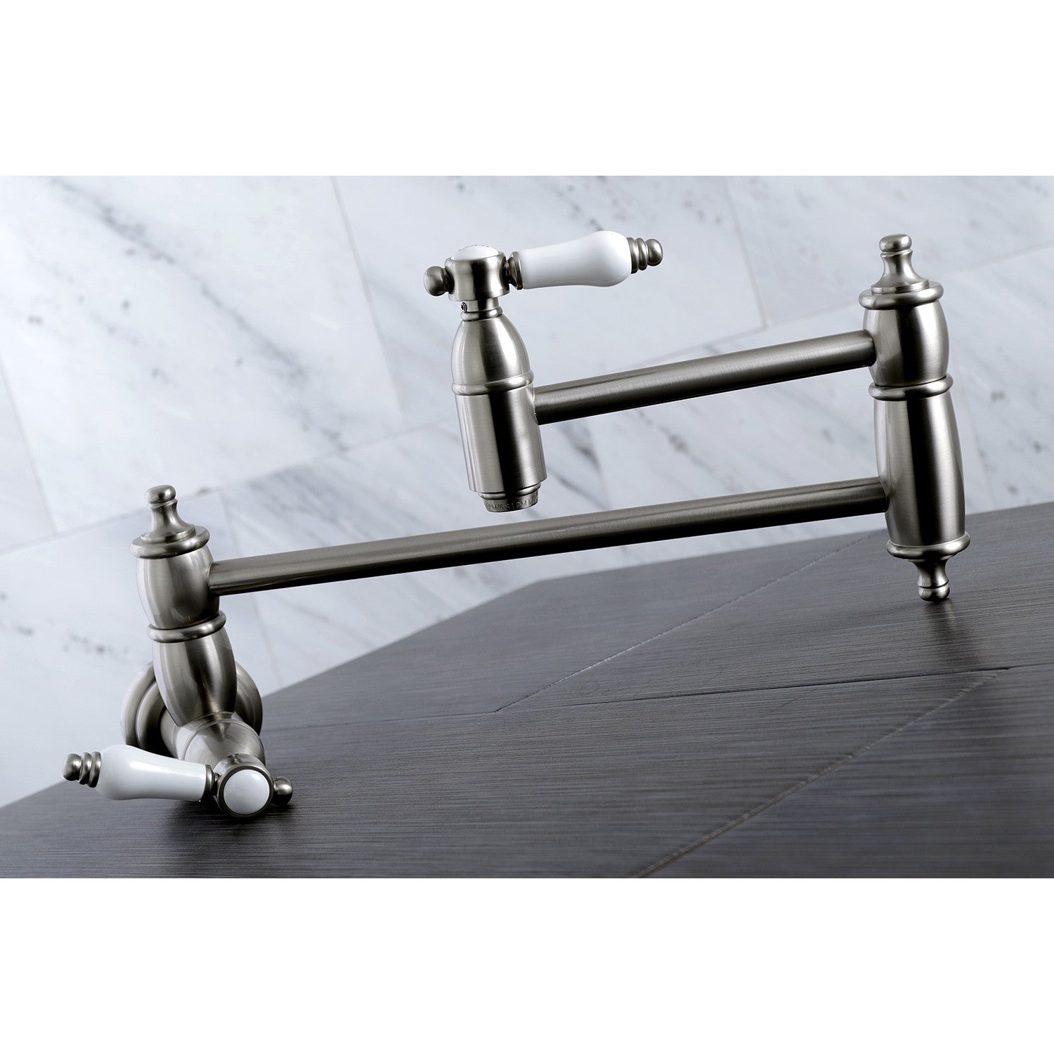 Bel Air KS3108BPL Brushed Nickel Wall Mount Pot Filler Faucet - 2 Handle 1 Hole Design for Kitchen Sink, Perfect for Filling Large Pots & Pans While Cooking