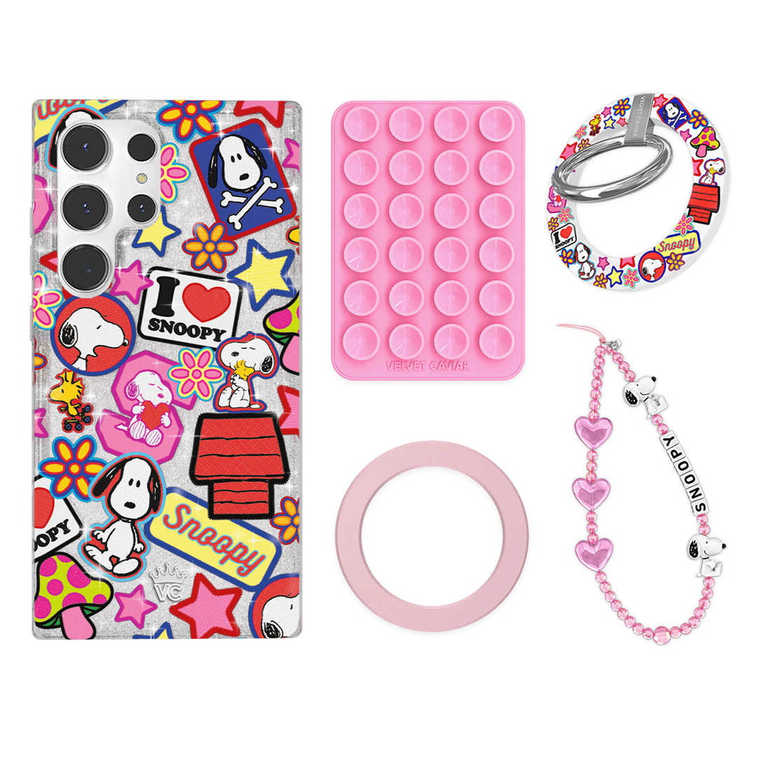 Snoopy Patchwork Glitter Galaxy Phone Grip Bundle Set - Cute Cartoon Character Non-Slip Phone Holder for iPhone Samsung - Perfect for School, Work, Travel & Everyday Use